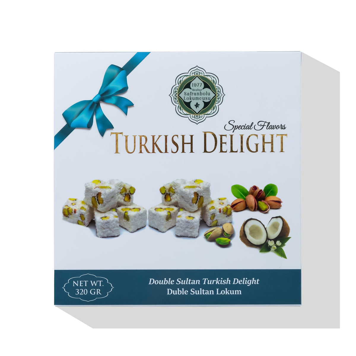 Me?hur Safranbolu Lokumcusu Turkish Delight Pistachios: Gourmet Candy & -Snack Lovers, Turkish Delight Candy Gift Box, Covered in Coconut (11.3 oz)