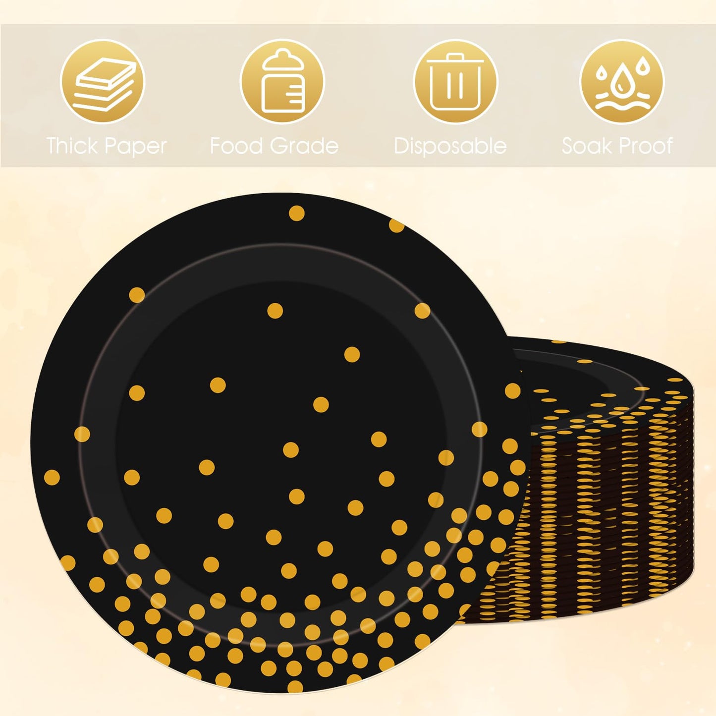 Black and Gold Plates,60Pcs 7Inch Black Disposable Plates,Party Disposable Tableware Kit,Gold Foil Polka Dots Dessert Plate,for Graduation
