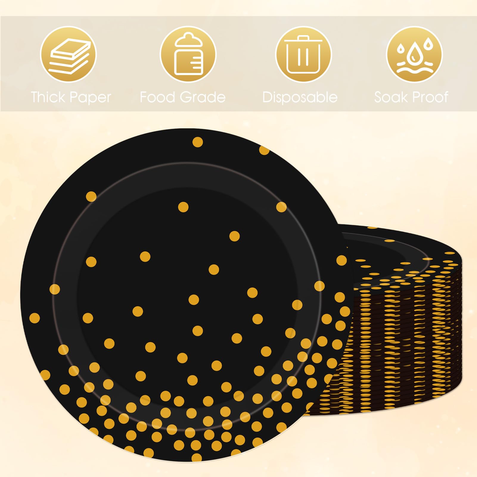 Black and Gold Plates,60Pcs 7Inch Black Disposable Plates,Party Disposable Tableware Kit,Gold Foil Polka Dots Dessert Plate,for Graduation