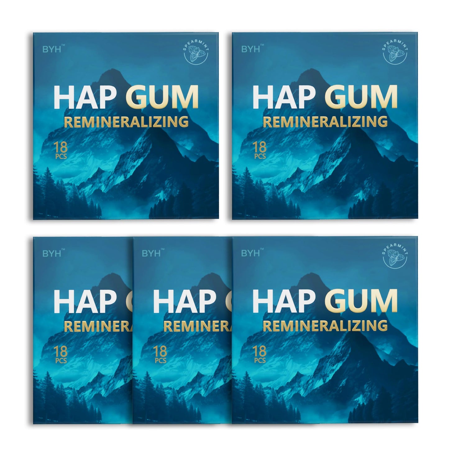 BYH Remineralizing Gum with Nano Hydroxyapatite & Xylitol-Sugar Free Gum (18 Count (Pack of 5))