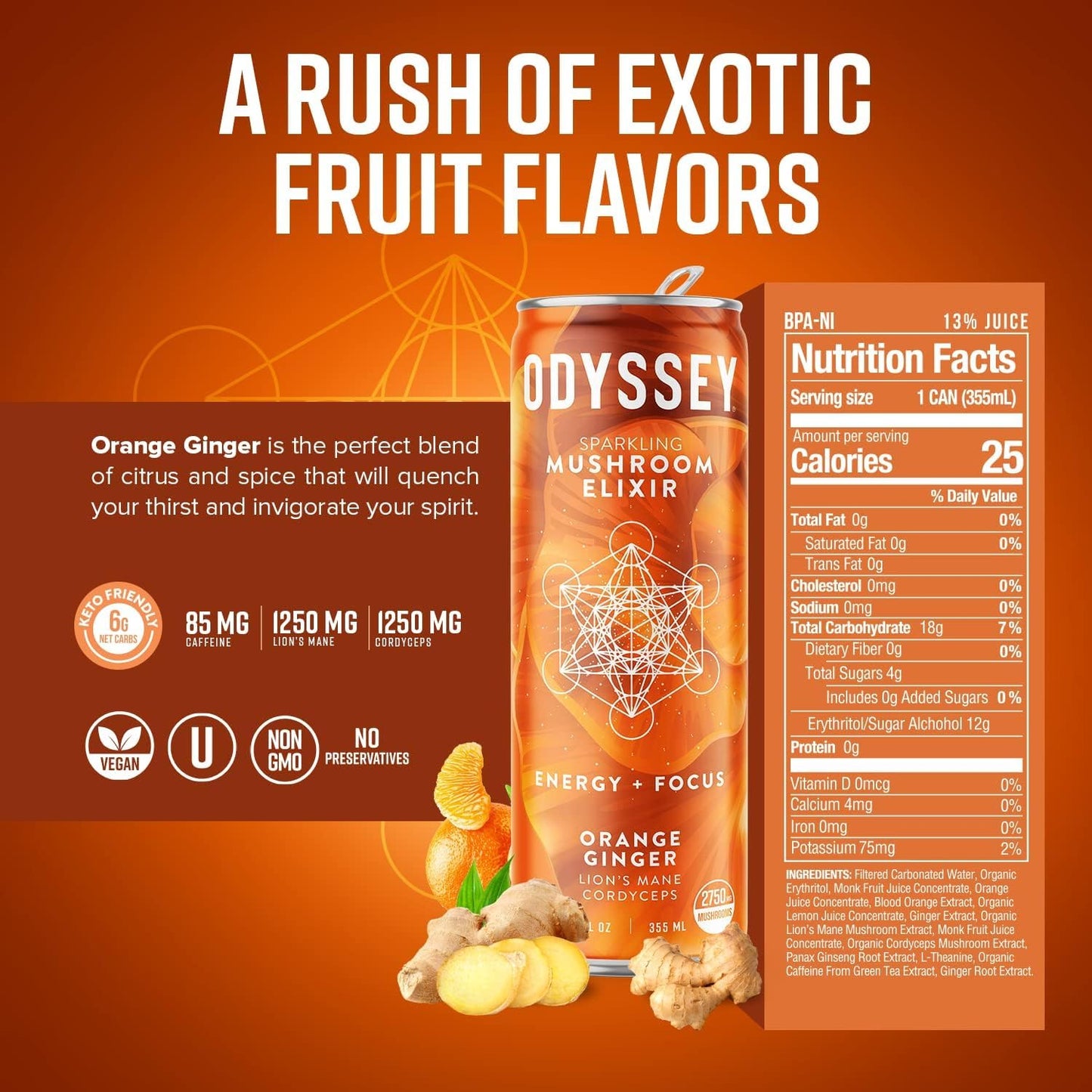 Odyssey Elixir Sparkling Adaptogen Drink, Low Calorie Drinks with L Theanine, Lions Mane, Cordyceps and Green Tea Caffeine for Energy and Focus