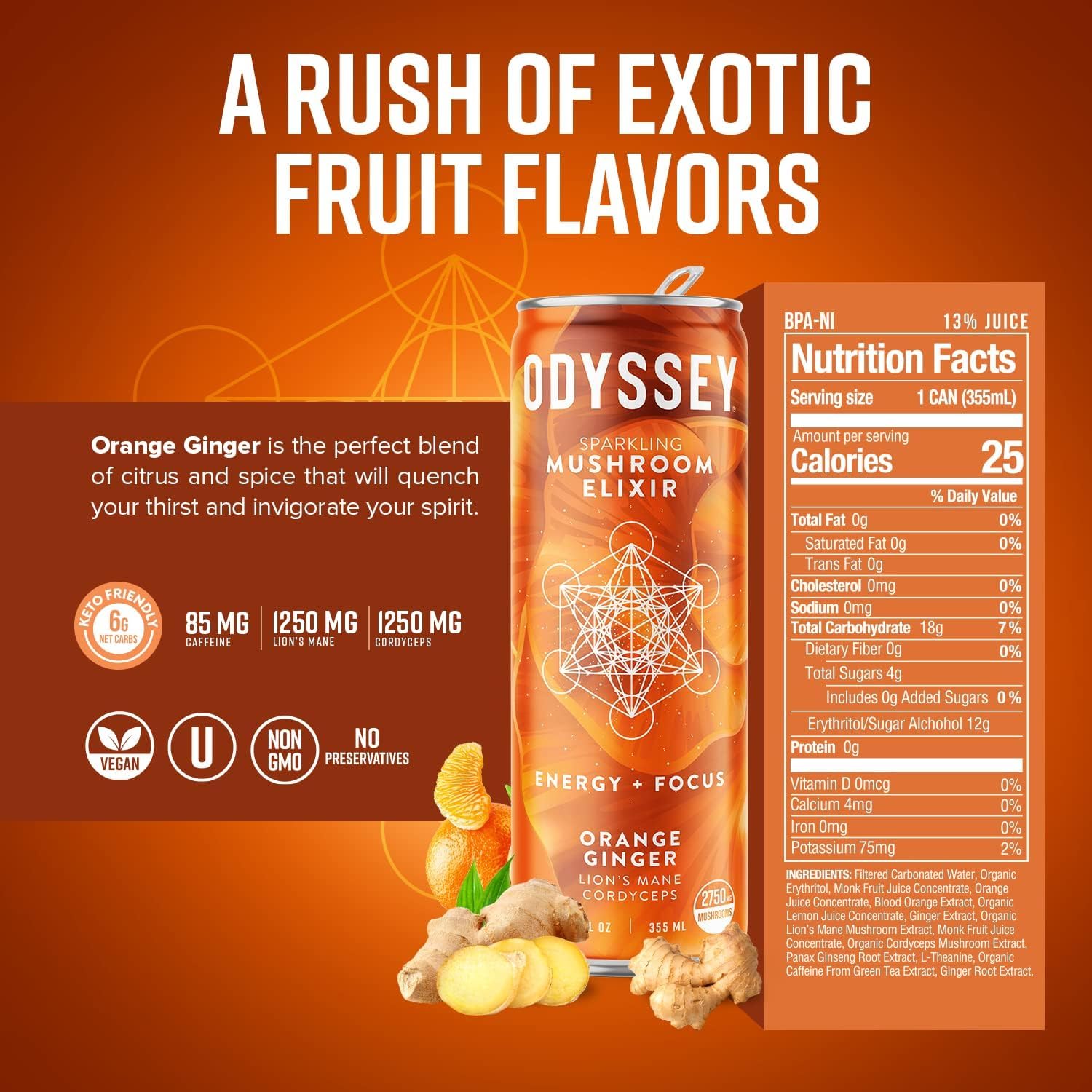 Odyssey Elixir Sparkling Adaptogen Drink, Low Calorie Drinks with L Theanine, Lions Mane, Cordyceps and Green Tea Caffeine for Energy and Focus