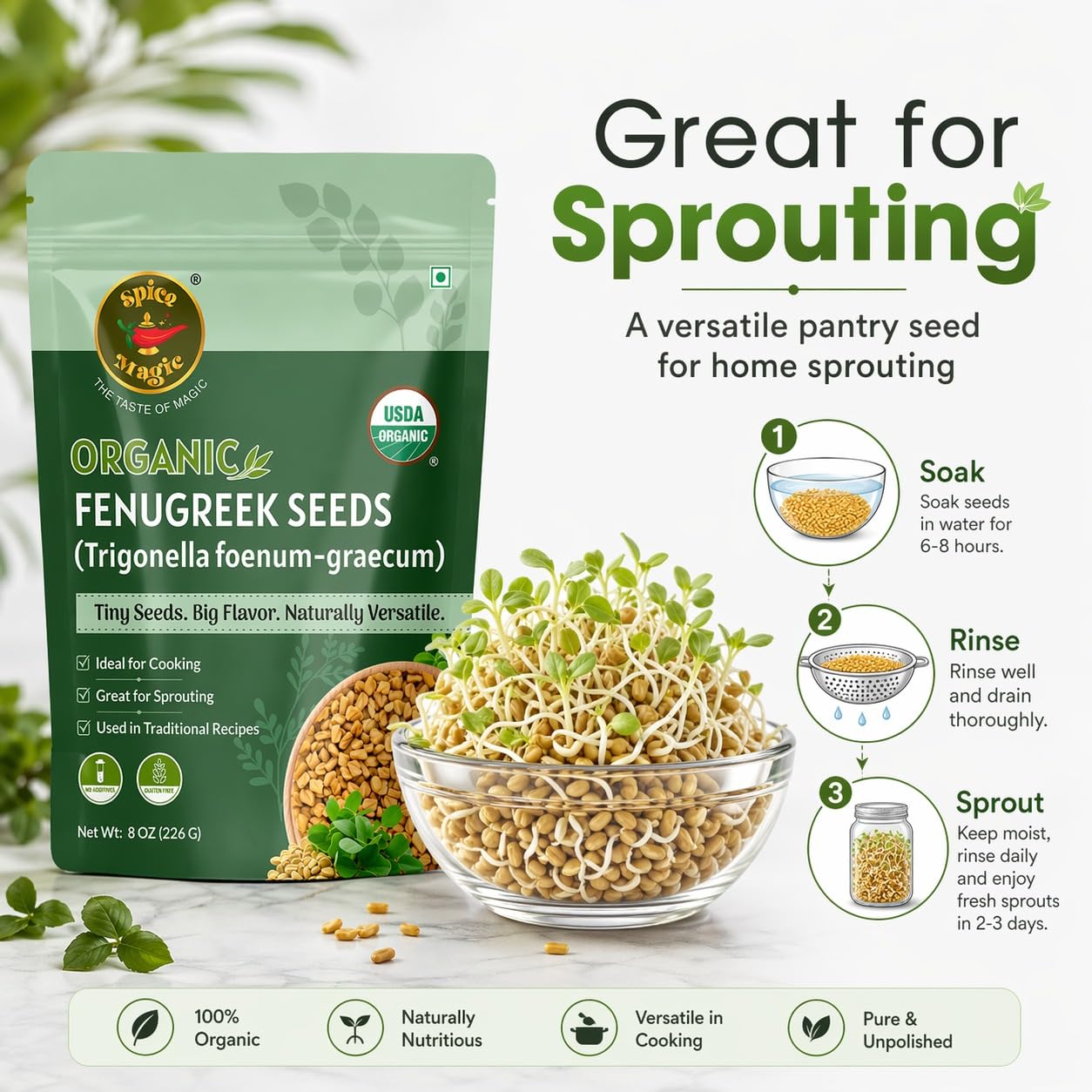 Spice Magic Organic Fenugreek Seeds 8 oz (226g) | USDA Organic Methi Seeds (Semillas de Fenogreco) | Whole Aromatic Spice | Lab Tested | Resealable
