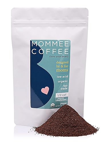 Mommee Coffee Half Caf Ground Low Acid Coffee - 100% Arabica Organic Coffee Beans with Smooth Caramel Flavor - Medium Grind for Drip, Reusable One Cup
