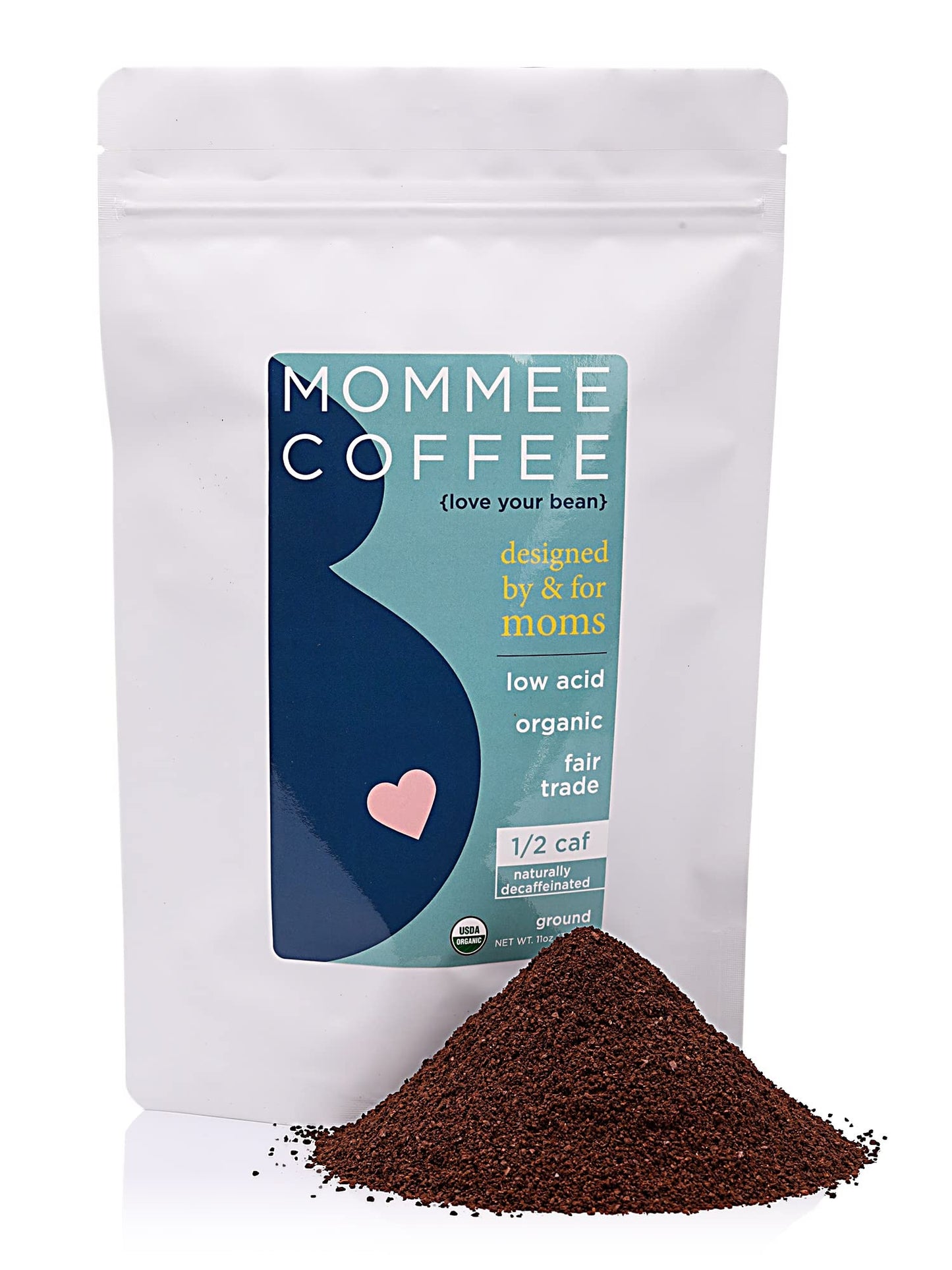 Mommee Coffee Half Caf Ground Low Acid Coffee - 100% Arabica Organic Coffee Beans with Smooth Caramel Flavor - Medium Grind for Drip, Reusable One Cup
