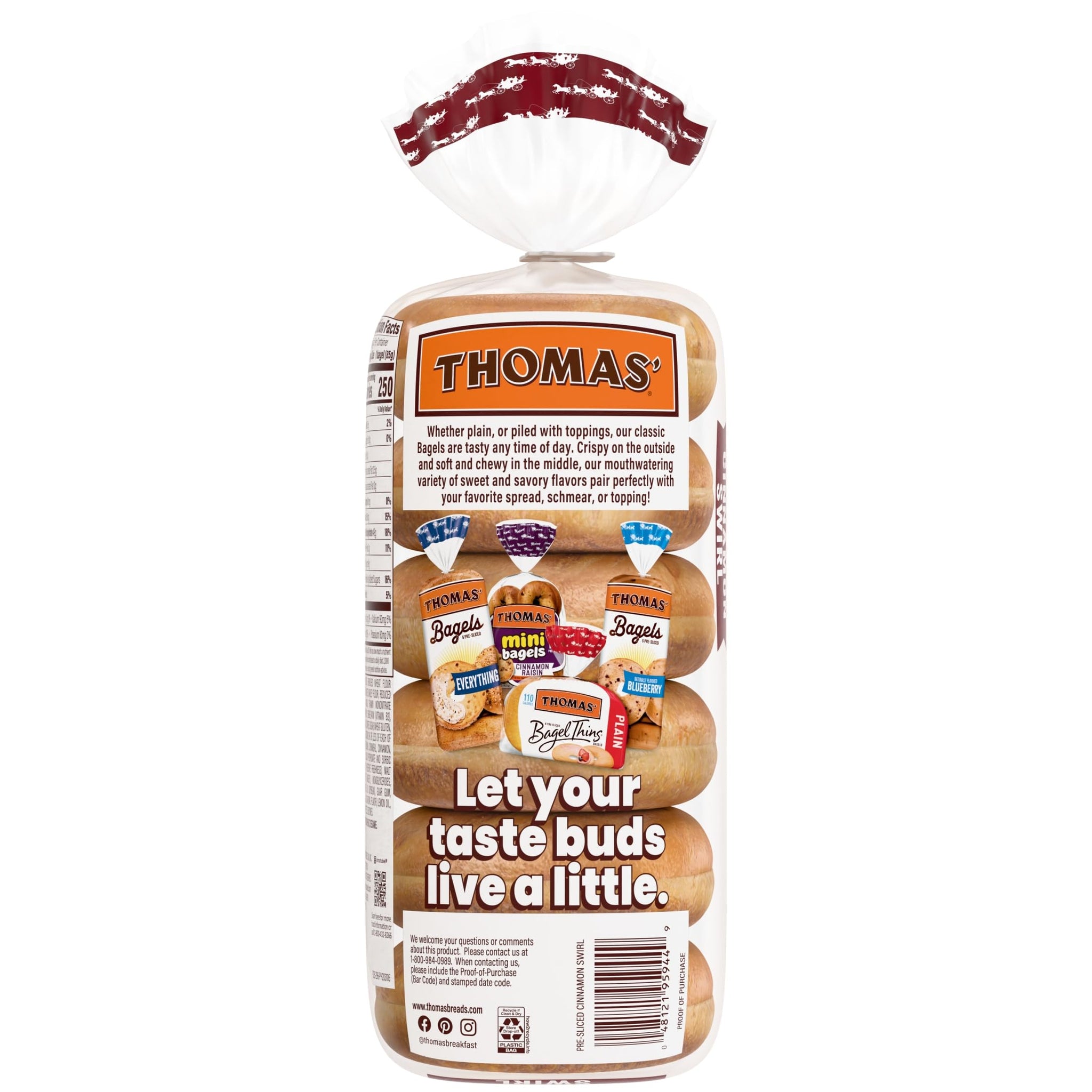 Thomas' Cinnamon Swirl Bagels, 6 count, (3.0 oz each), 9g Protein, Kosher Cinnamon Bagels, 18 oz Bag