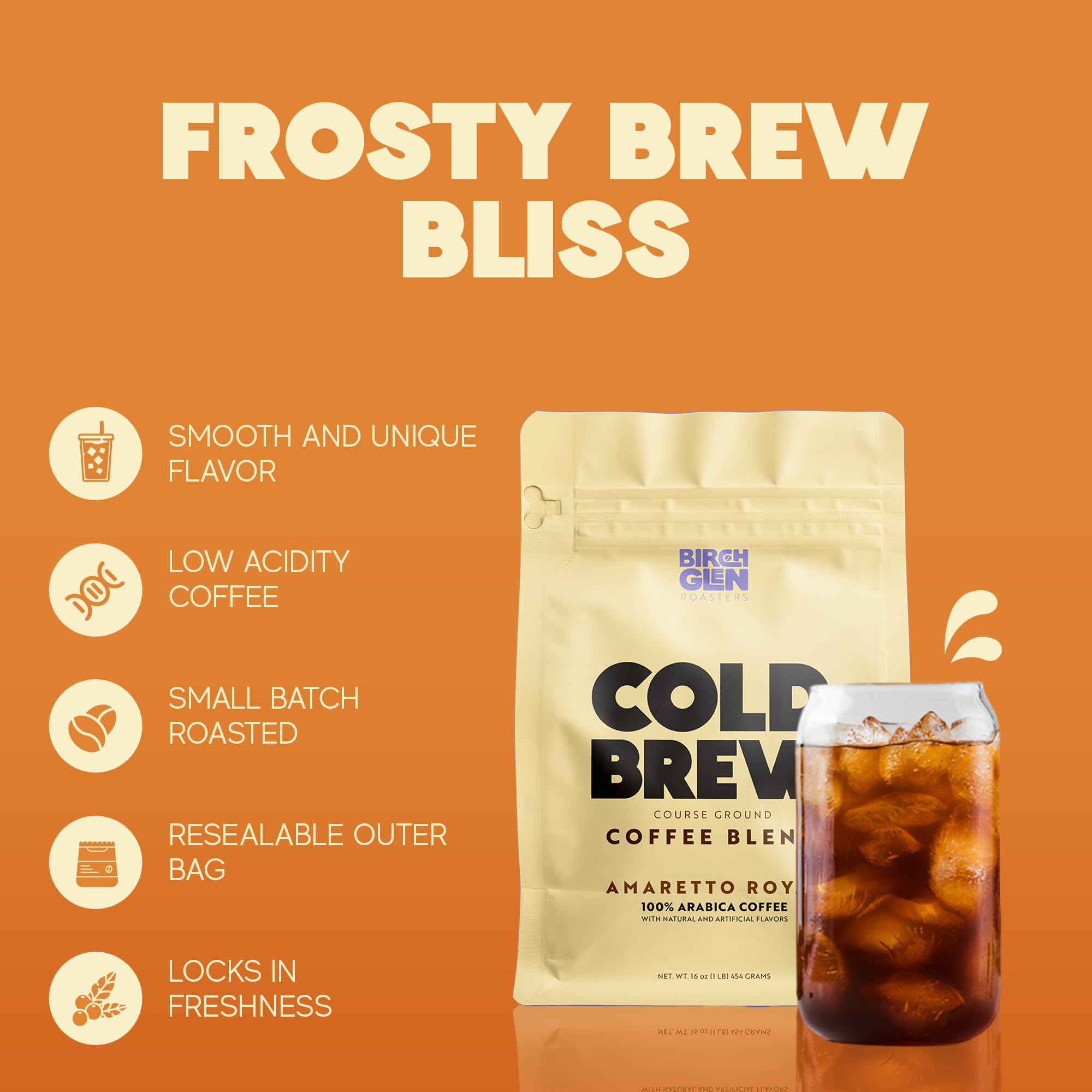 Birch Glen Roasters Cold Brew Coffee | Flavored Coarse Ground Coffee | Medium Roast | Artisanal Roasting | 100% Arabica |1 LB Bag | Amaretto Royale
