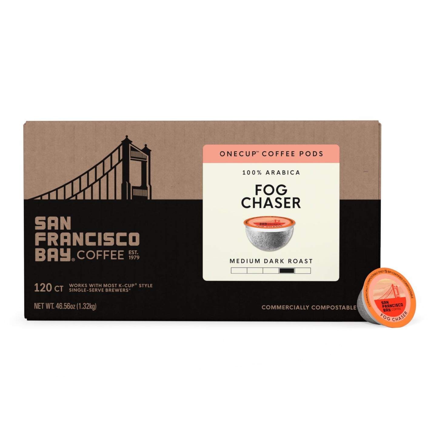 San Francisco Bay Coffee - Medium-Dark Roast - Fog Chaser (120 ct) - Single Serve Coffee Pods, Commercially Compostable, K Cup Compatible