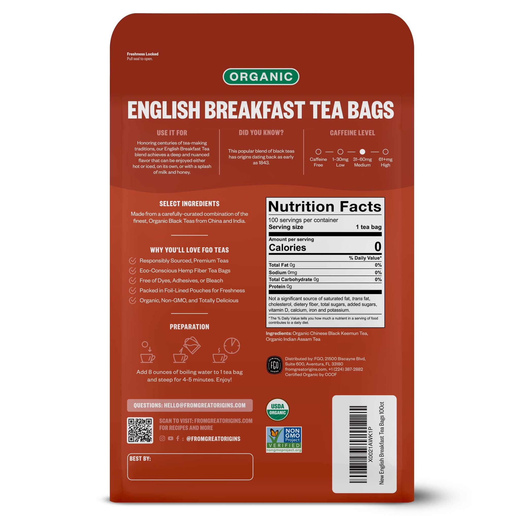 FGO Organic English Breakfast Black Tea, 100 Count, Eco-Conscious Tea Bags, Resealable Bag, Packaging May Vary (Pack of 1)