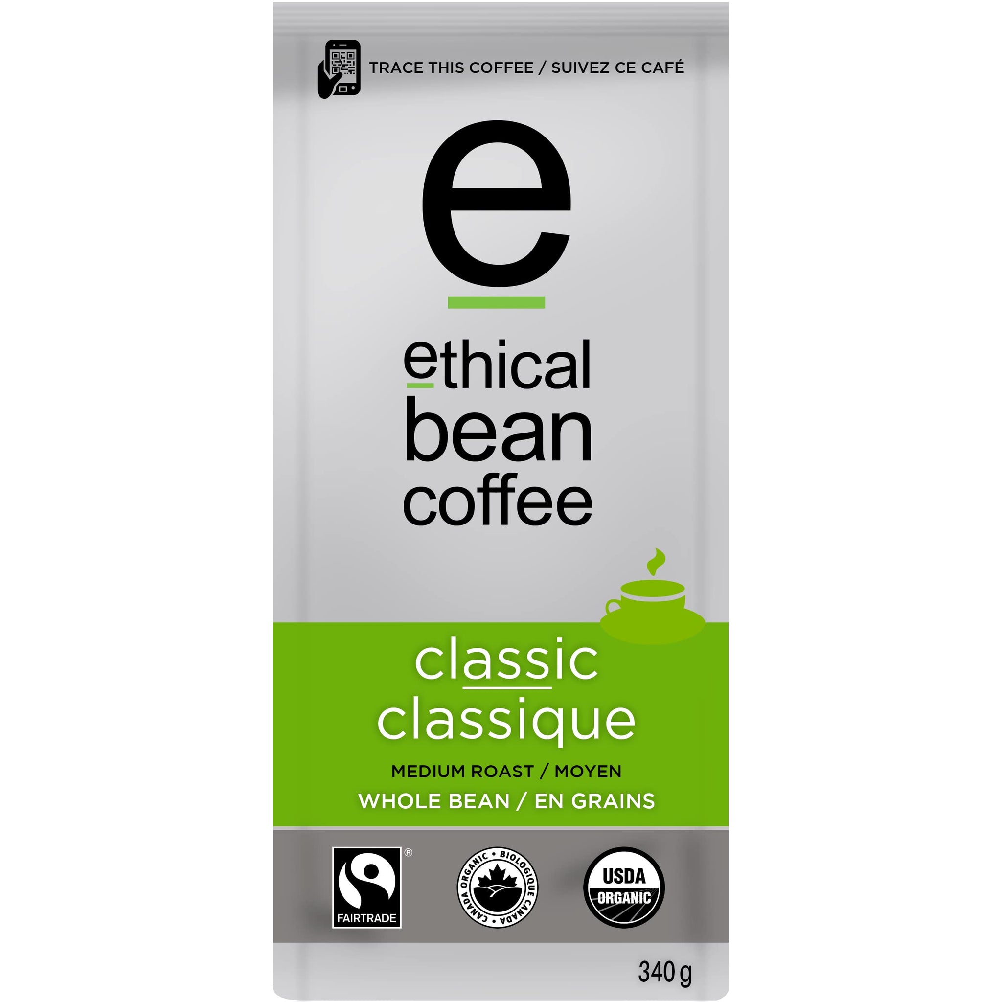 Ethical Bean Fair Trade Organic Coffee, Classic Medium Roast, Whole Bean Coffee - 12oz (340g) Bag