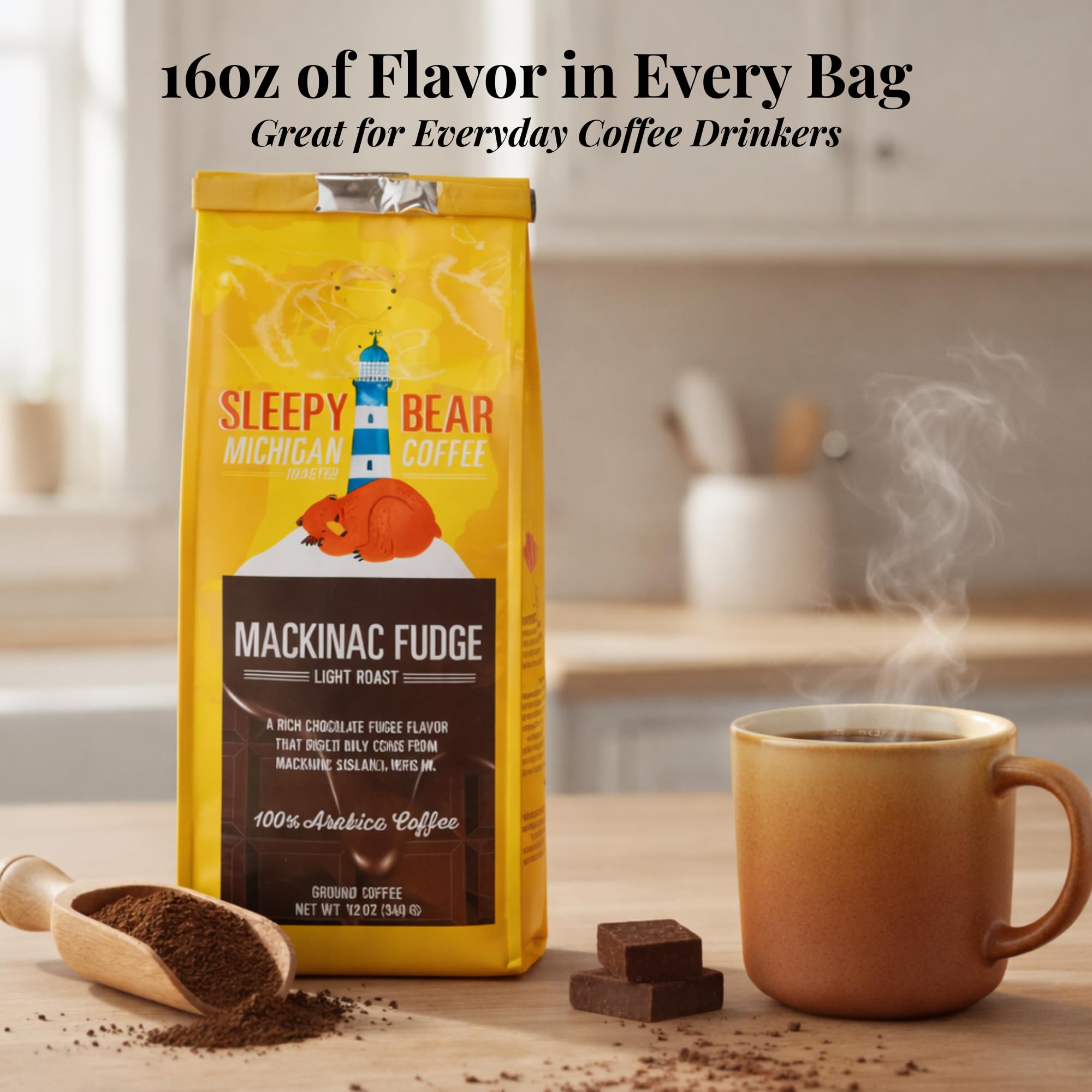 Sleepy Bear Mackinac Fudge Ground Coffee - Flavored Light Roast Arabica with Rich Fudge Flavor Michigan-Made Smooth & Sweet Blend No Sugar Added 16oz