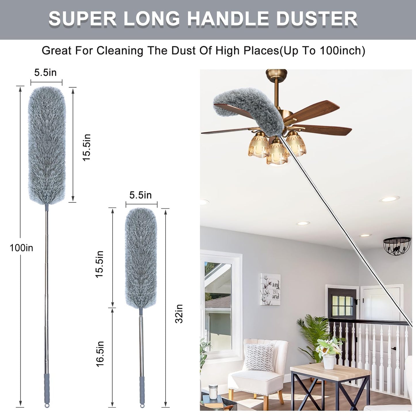 Microfiber Feather Duster with Extendable Pole, 100-inch Extra-Long Dusters Telescoping Cobweb Duster for Cleaning, Bendable and Washable Microfiber