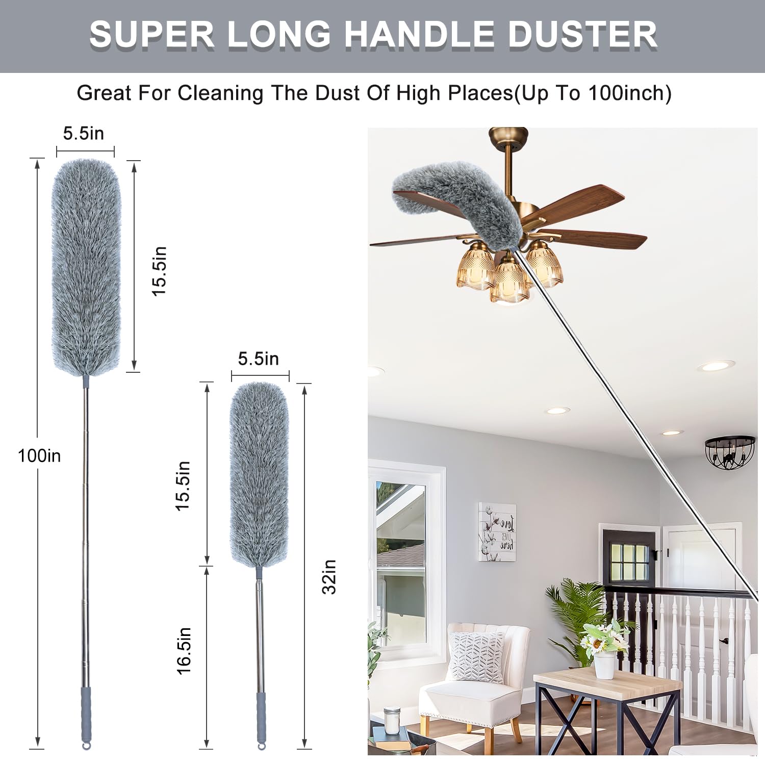 Microfiber Feather Duster with Extendable Pole, 100-inch Extra-Long Dusters Telescoping Cobweb Duster for Cleaning, Bendable and Washable Microfiber