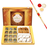Ghasitaram Gifts Rakhi Gifts for Brothers Rakhi Sweets - Big Box of 12 Pcs Assorted Chocolates, Kaju Katli and Methi Mathi with Pearl Beads Rakhi