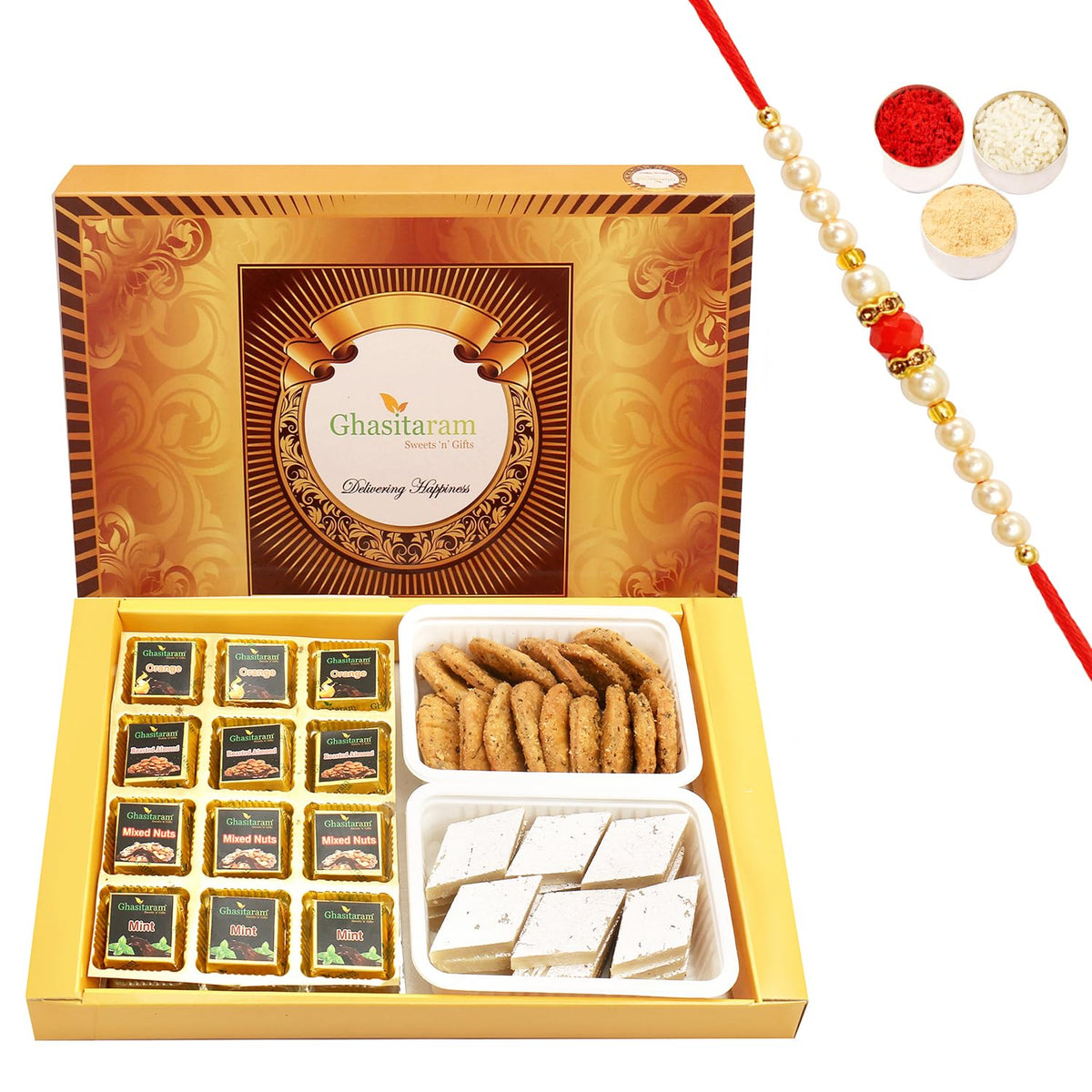Ghasitaram Gifts Rakhi Gifts for Brothers Rakhi Sweets - Big Box of 12 Pcs Assorted Chocolates, Kaju Katli and Methi Mathi with Pearl Beads Rakhi