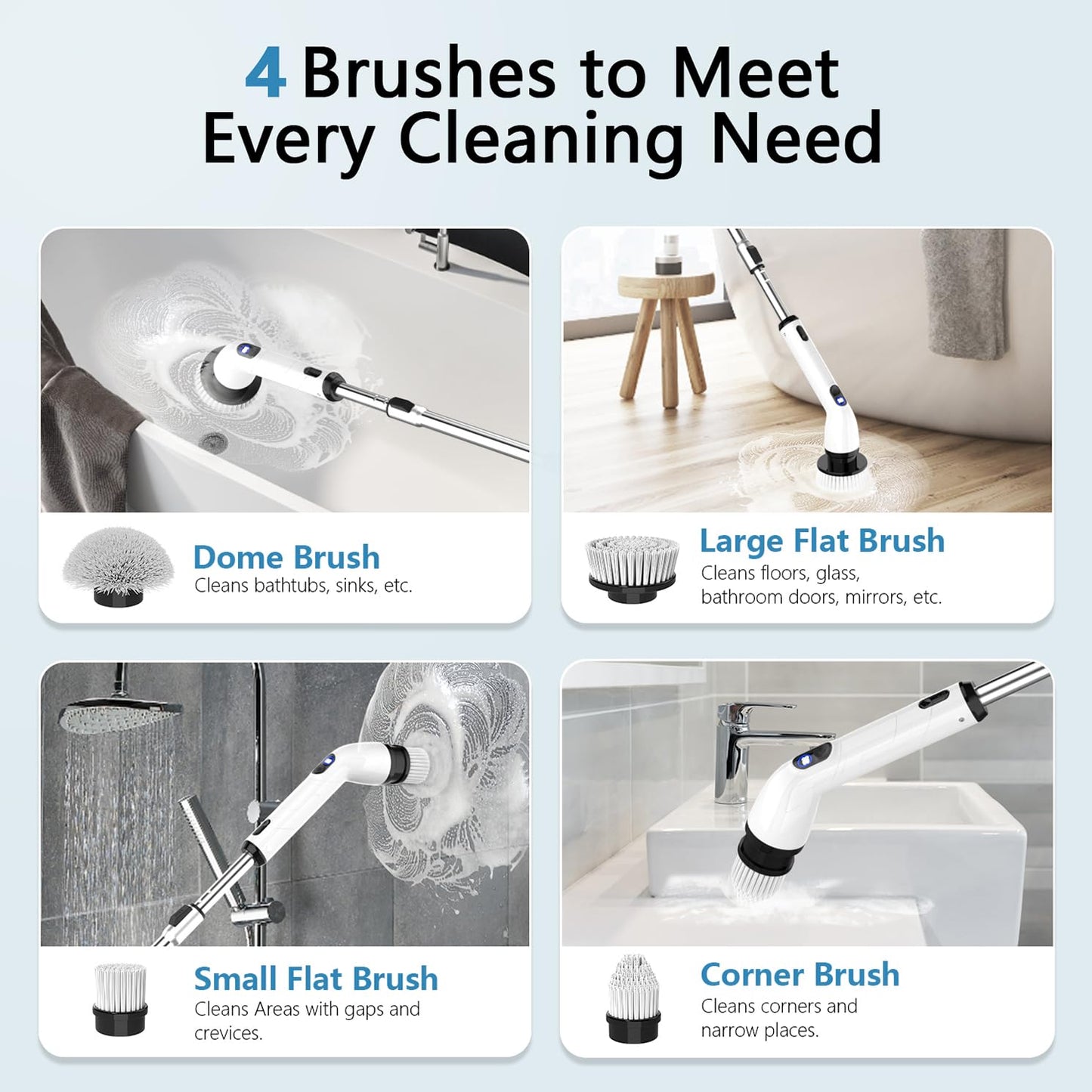 TUYU Electric Spin Scrubber, Full-Body IPX7 Waterproof Bathroom Scrubber with Power LCD Display, Adjustable Extension Handle, Cordless Shower Cleaner