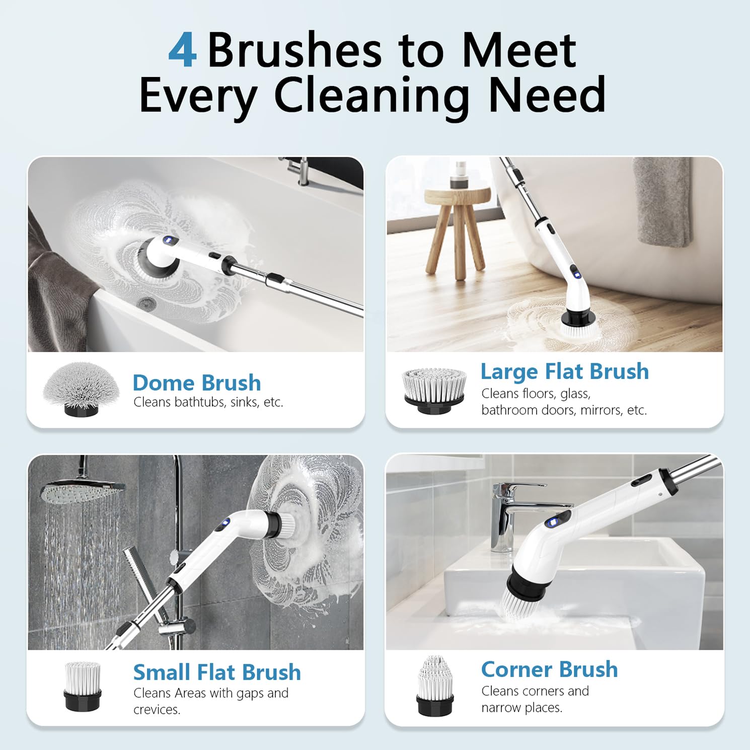 TUYU Electric Spin Scrubber, Full-Body IPX7 Waterproof Bathroom Scrubber with Power LCD Display, Adjustable Extension Handle, Cordless Shower Cleaner