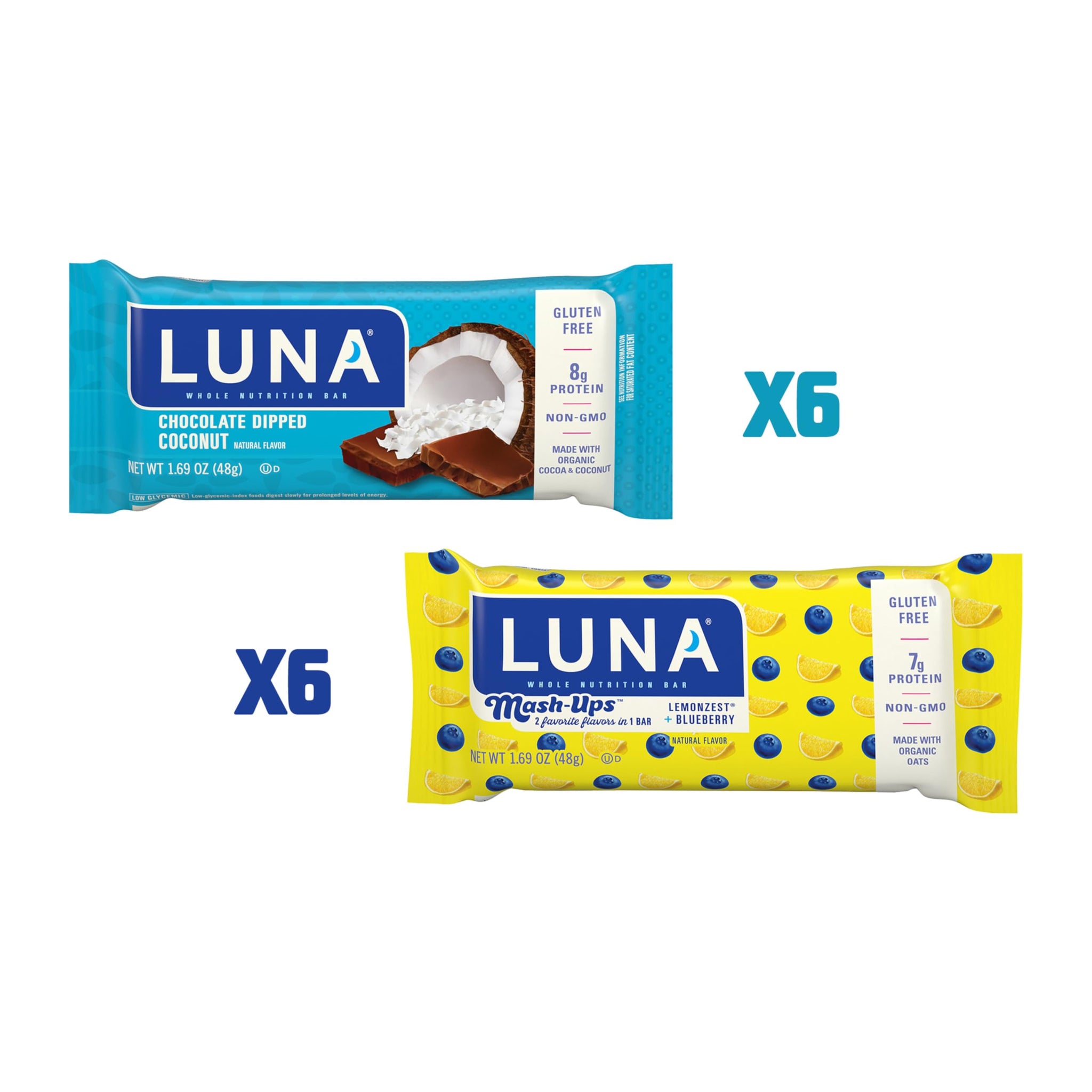 LUNA Bar - Variety Pack - Chocolate Dipped Coconut and LemonZest + Blueberry Mash-Ups Flavor - Snack Bars - Non-GMO - Gluten-Free Protein Bars - Made