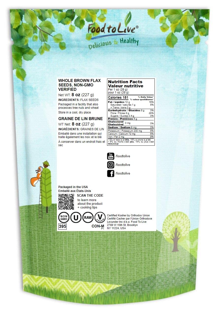 Food to Live - Brown Flax Seeds, 8 Ounces - Raw Whole Flaxseed, Kosher, Vegan, Bulk. Rich in Omega-3 Fats. Great for Salads, Baked Goods, Smoothies