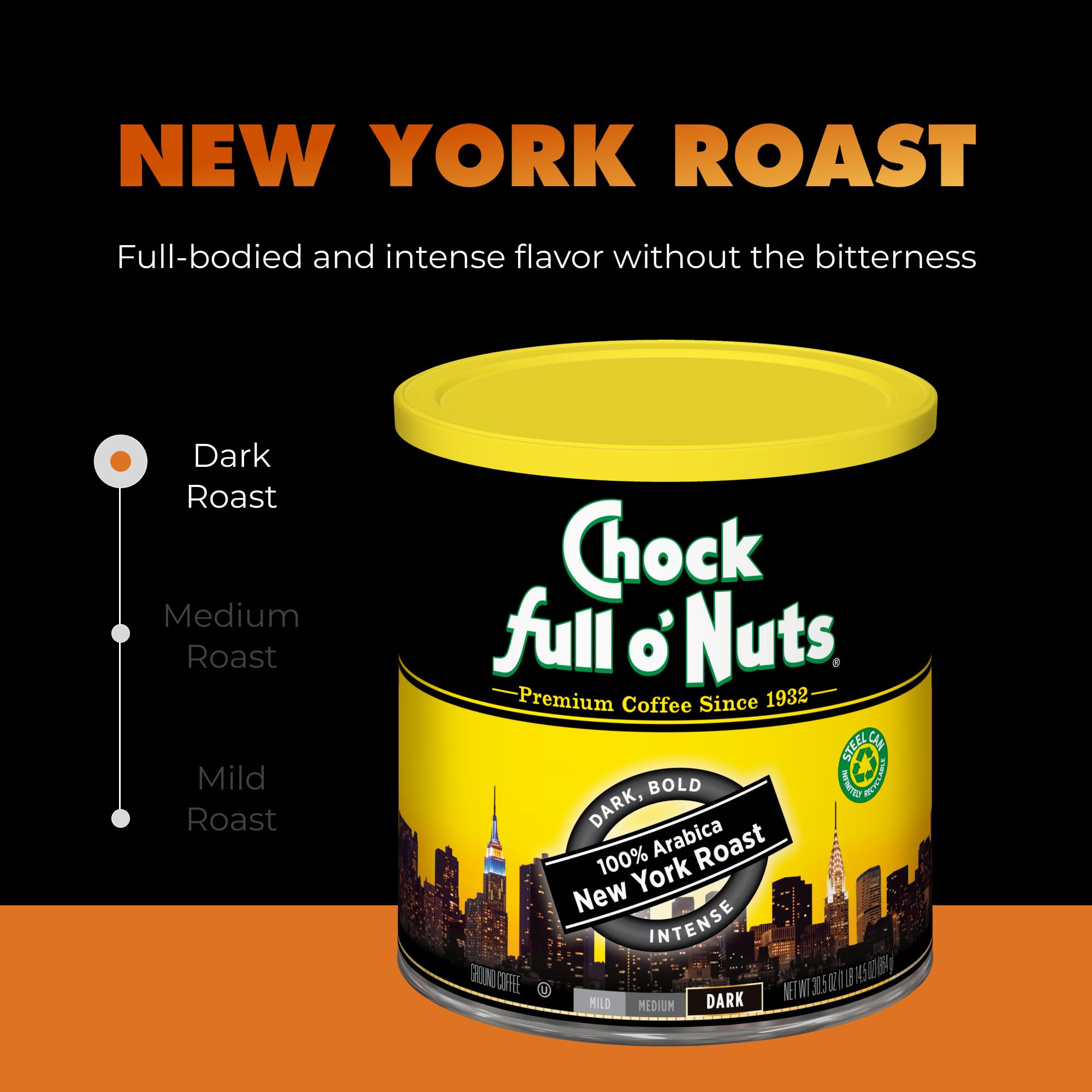 Chock Full o' Nuts New York Roast Ground Coffee - Premium Beans in Recyclable Steel Can - Rich Flavor & Aroma, Dark Roast - Perfect for Drip