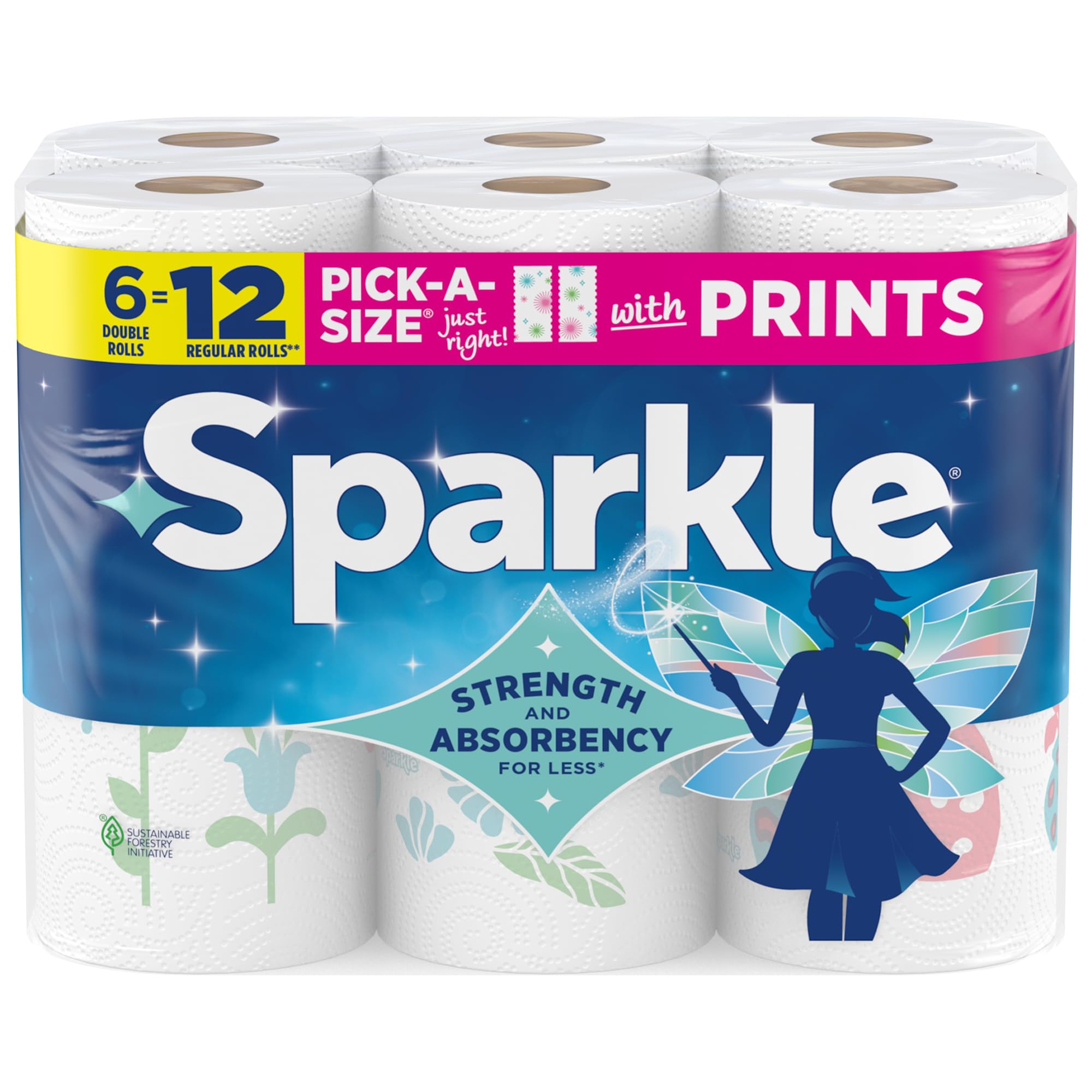 Sparkle Pick-A-Size Paper Towels, Spirited Print Design, 6 Double Rolls (660 Sheets Total) - Strong 2-Ply Towels for Kitchen Cleanup and Everyday