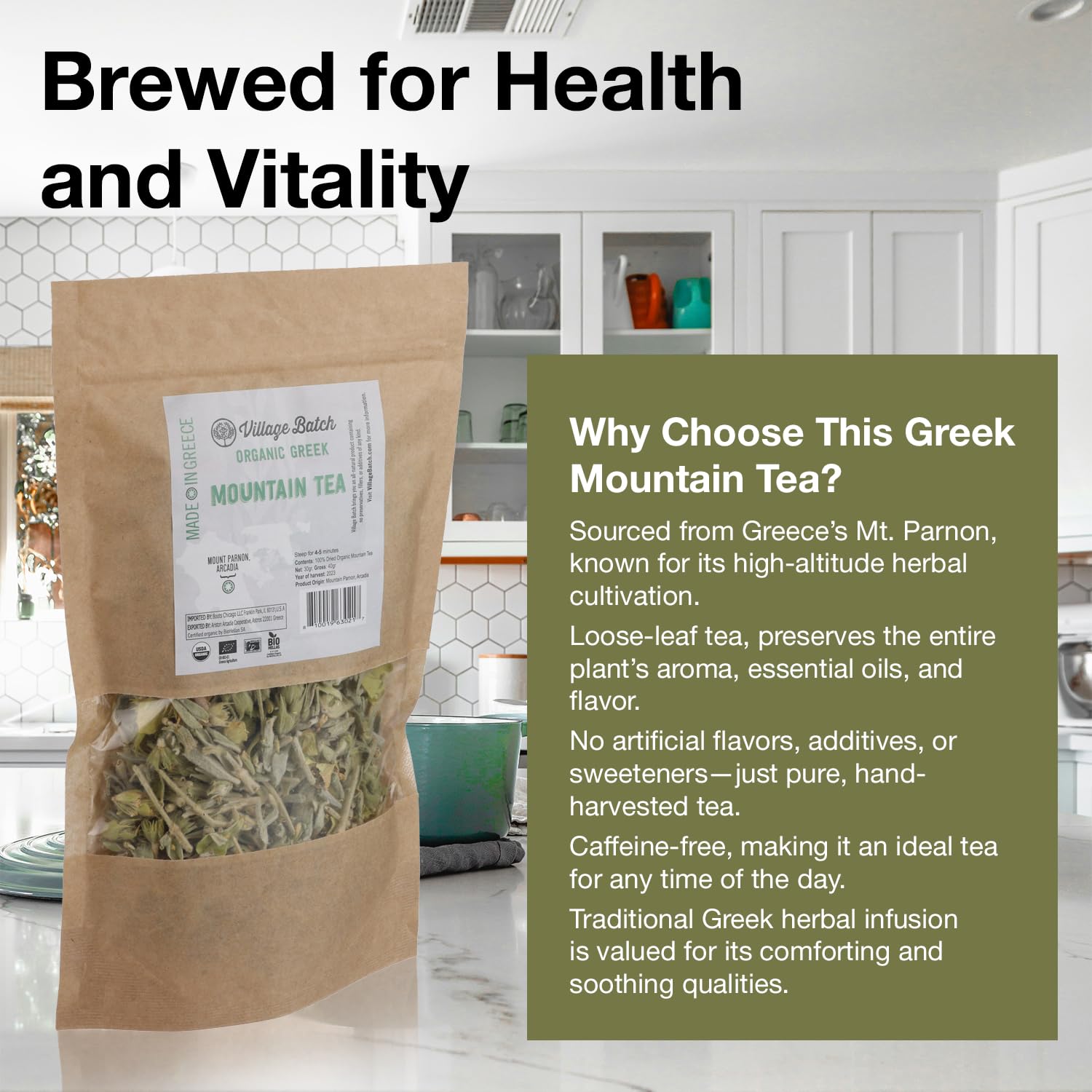 Village Batch Organic Greek Mountain Tea 1.06 Ounce (Pack of 1) Loose Leaf, Hand-Harvested Herbal Tea from Mt. Parnon, Greece, Naturally Caffeine-Free
