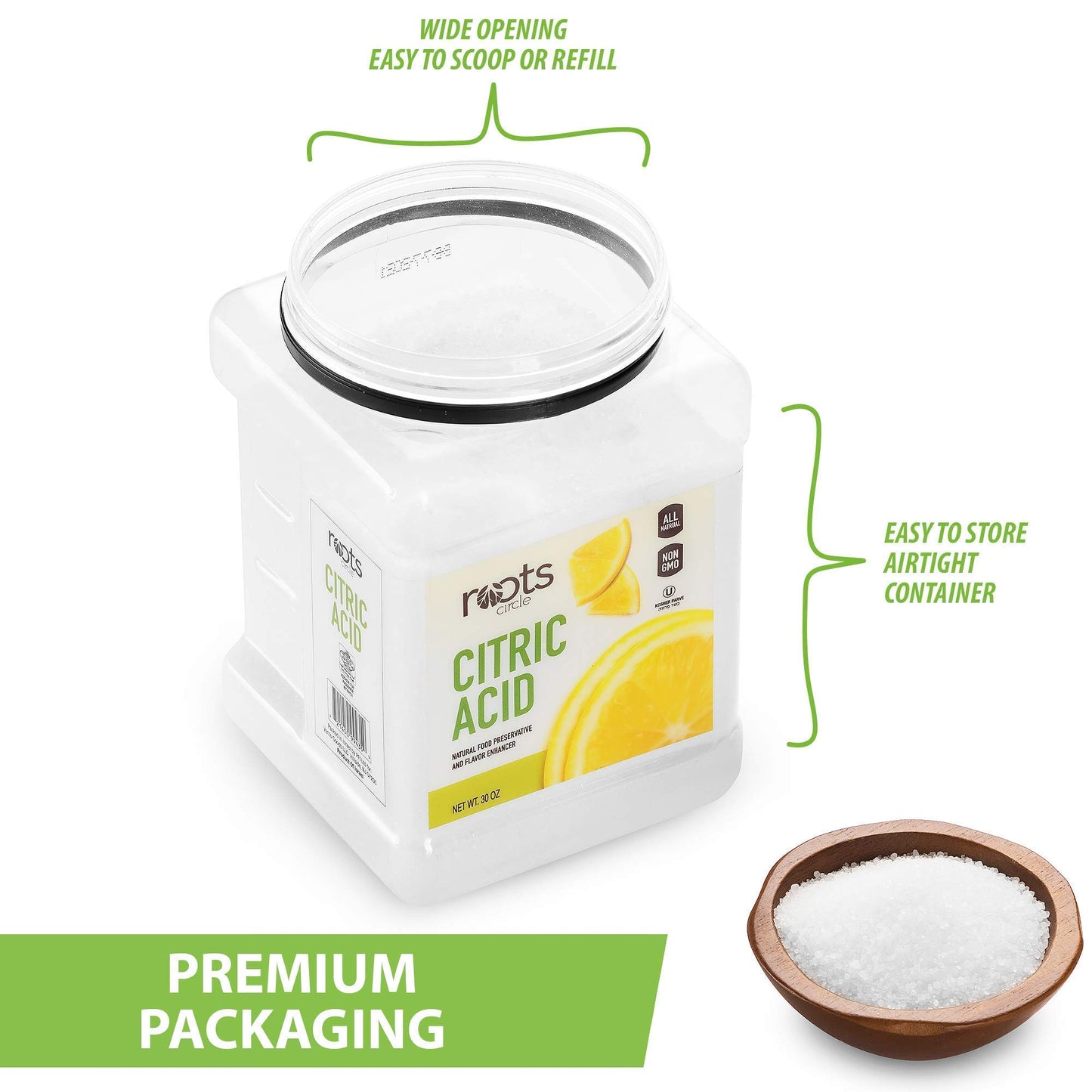 Roots Circle All-Natural Citric Acid | 1 Pack - 1.87 Pounds | Kosher for Passover | Food-Grade Flavor Enhancer, Household Cleaner & Preservative |