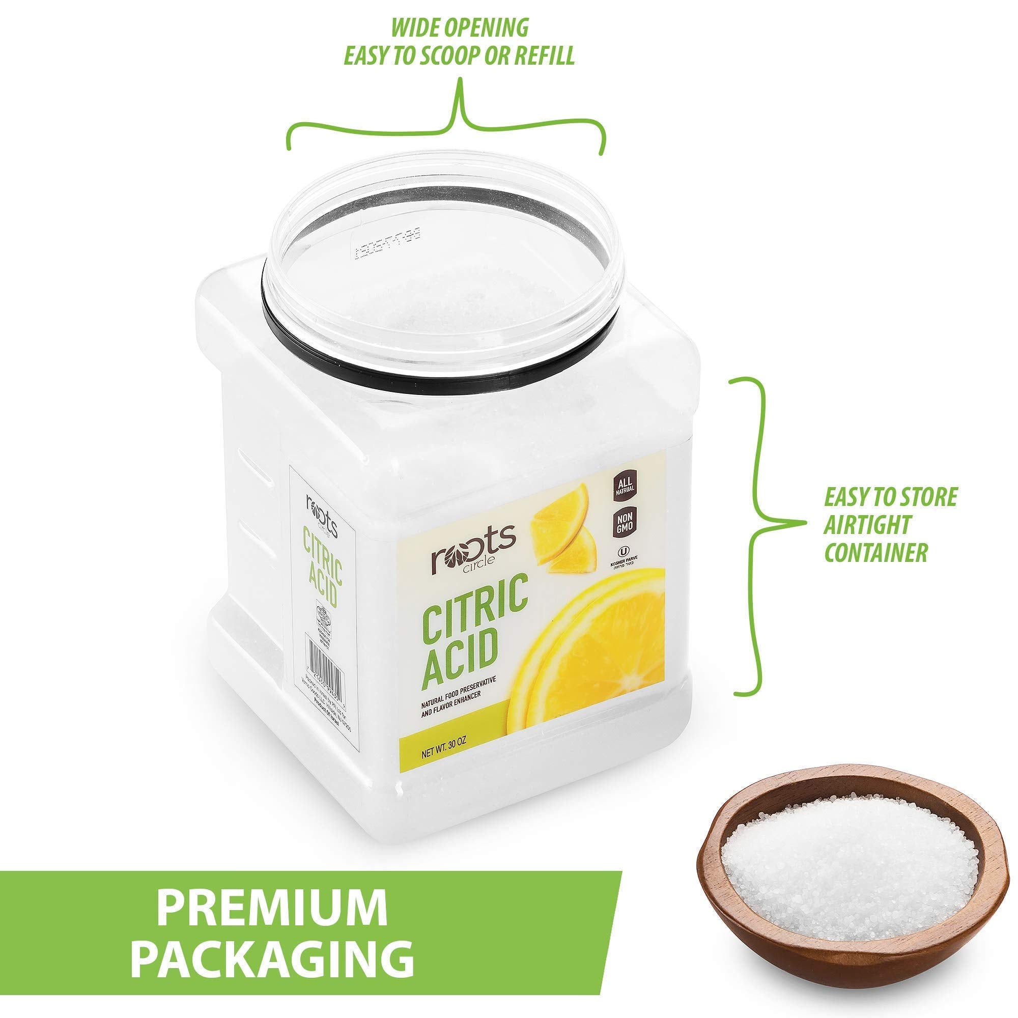 Roots Circle All-Natural Citric Acid | 1 Pack - 1.87 Pounds | Kosher for Passover | Food-Grade Flavor Enhancer, Household Cleaner & Preservative |