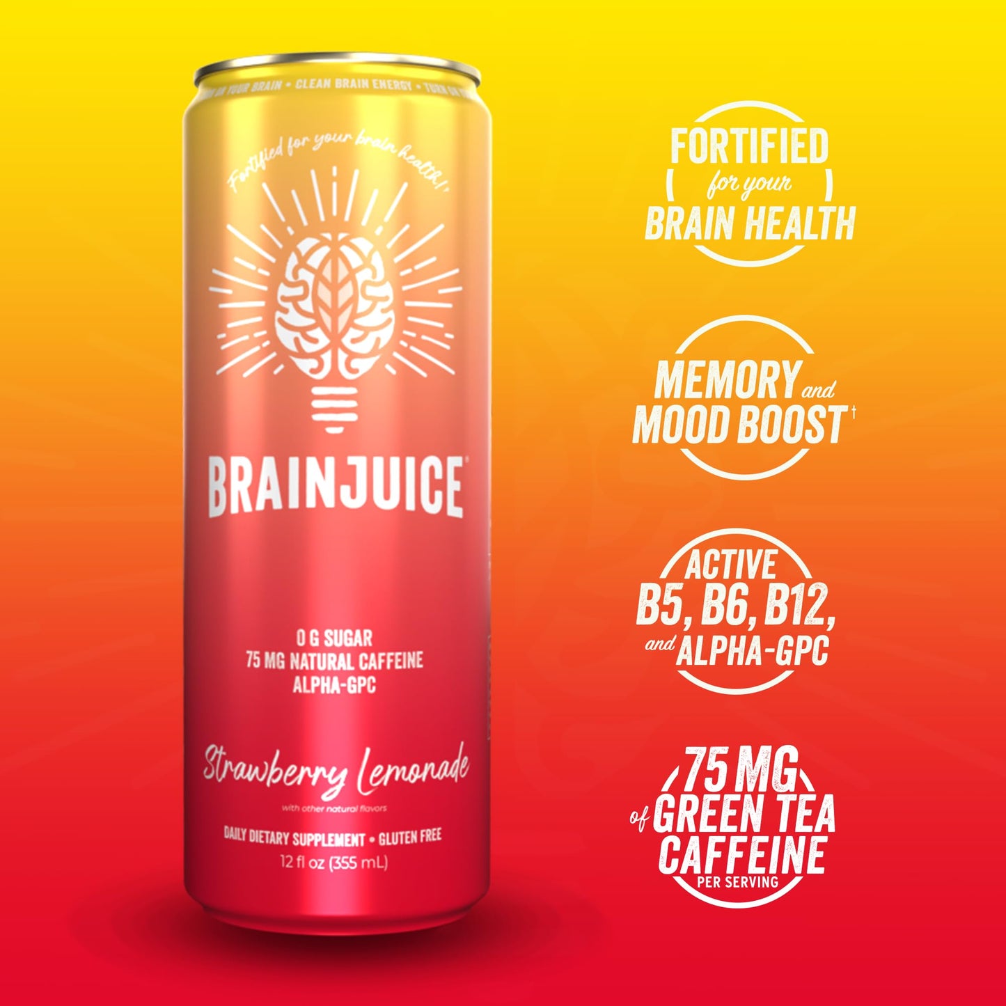 Brainjuice Brain Health Support Drink for Energy & Focus, Vitamin C, B5, B6 & B12, L Theanine, Alpha GPC & Natural Caffeine From Green Tea, Vegan
