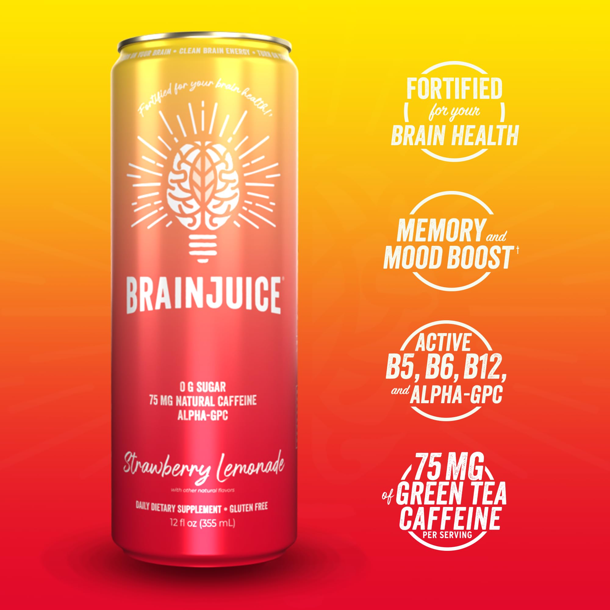 Brainjuice Brain Health Support Drink for Energy & Focus, Vitamin C, B5, B6 & B12, L Theanine, Alpha GPC & Natural Caffeine From Green Tea, Vegan