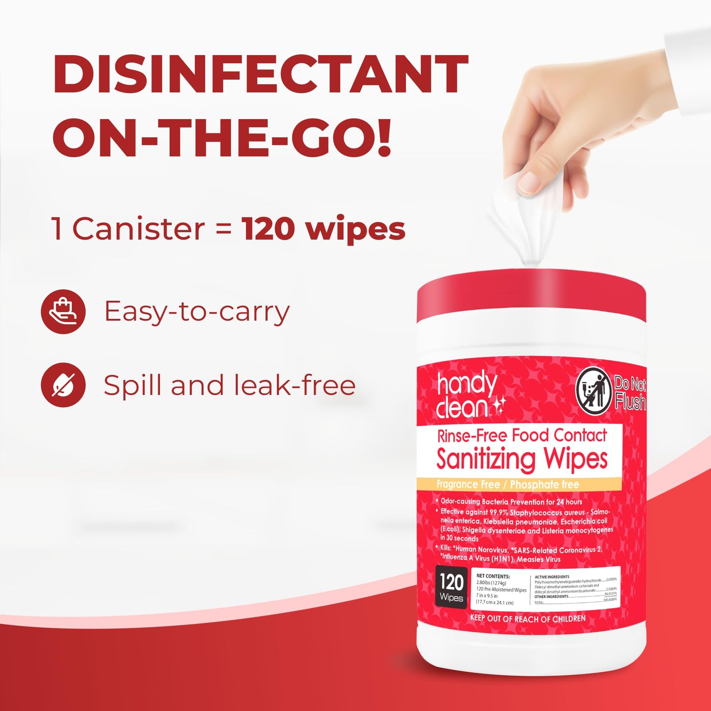 HandyClean Rinse-Free Food Contact Sanitizing Wipes Canister, Multi Surface Cleaning Supplies for Kitchen and Professional Setting One Canister (120