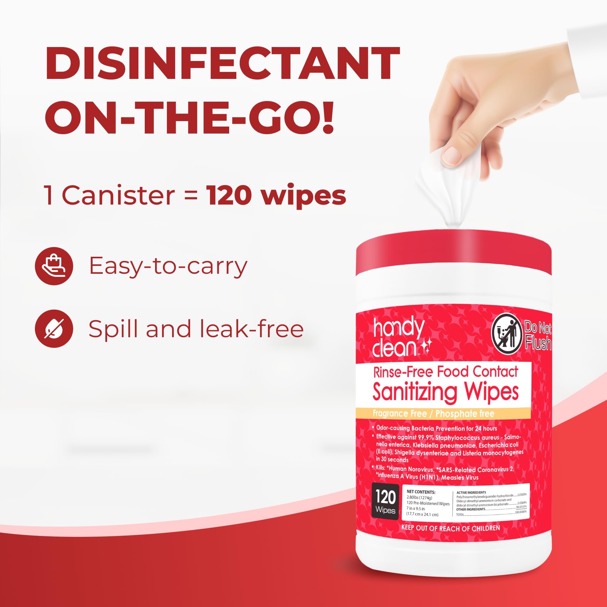 HandyClean Rinse-Free Food Contact Sanitizing Wipes Canister, Multi Surface Cleaning Supplies for Kitchen and Professional Setting One Canister (120