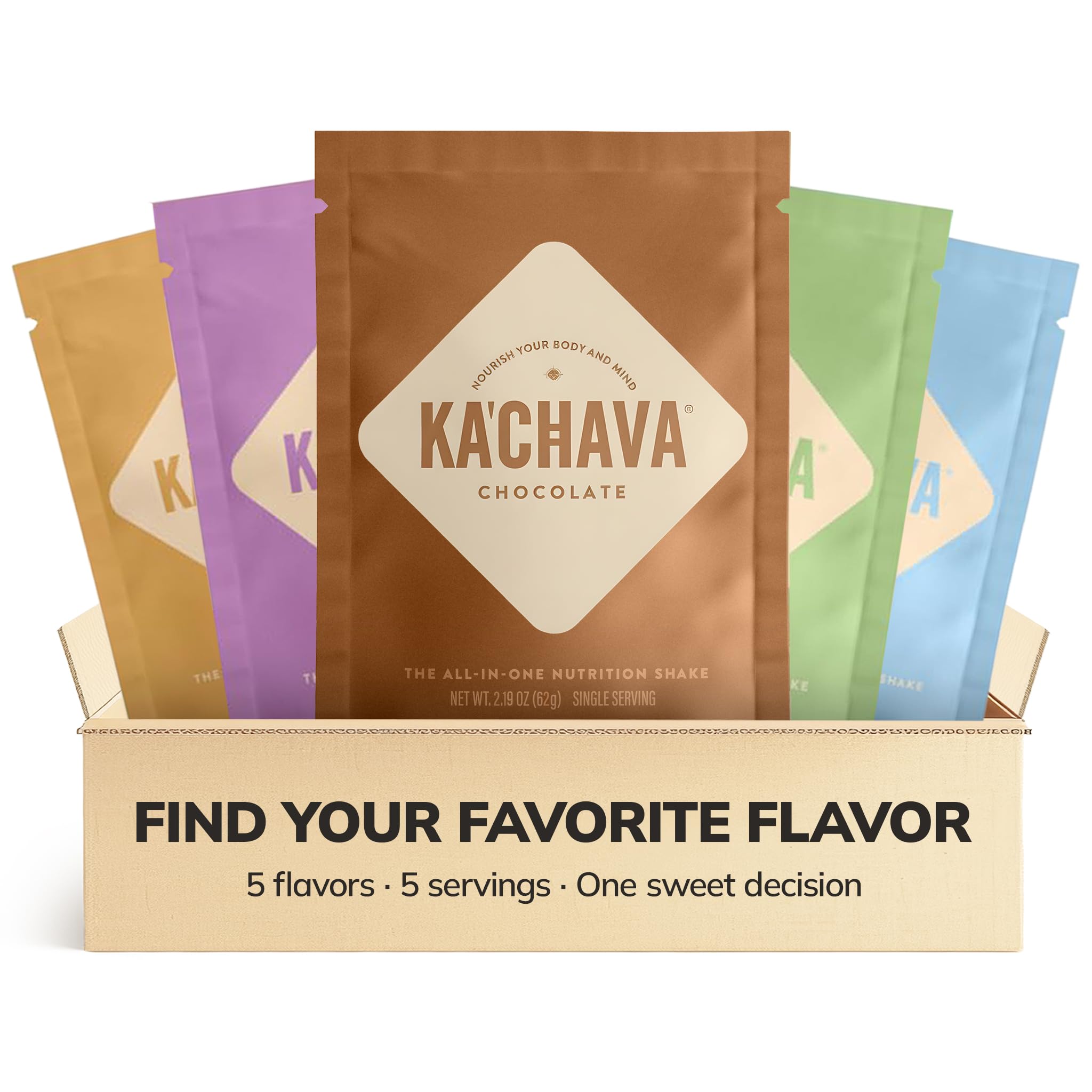 Ka’Chava All-In-One Nutrition Shake Blend, 5 Flavor Sample Pack, 5 Servings, 85+ Superfoods & Nutrients, Meal Replacement, Greens Plant-Based