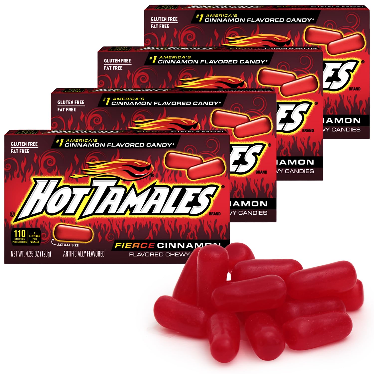 Hot Tamales Fierce Cinnamon Candy, 4 Pack - 4.25oz Each, Ideal for Candy Lovers and Fans of Hot Tamales, Perfect for Snacking, Sharing, Parties, or