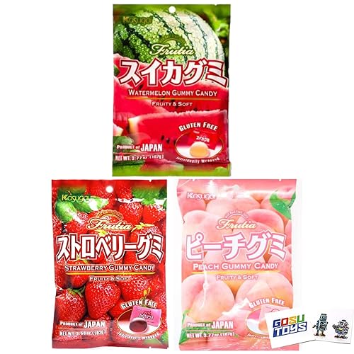 Kasugai Japanese Gummy Candy with Real Fruit Juice (3 Pack) with 2 GosuToys Stickers (Peach, Strawberry, Watermelon)