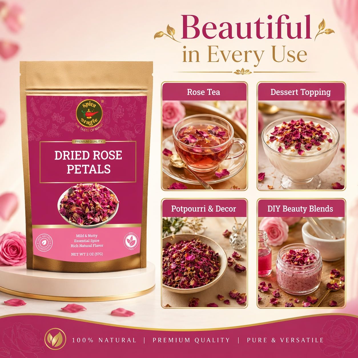 Spice Magic Dried Rose Petals | 100% Natural & Edible Rose Petals I Perfect for Herbal Teas, Desserts, Cupcake Toppings, Crafts and Decoration | Net