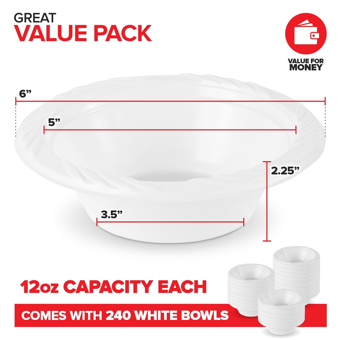 Stock Your Home (240 Pack) 12 oz Elegant White Plastic Bowls for Parties Small Disposable Bowl for Fancy Dinner or Cocktail Party, Soup and Salad