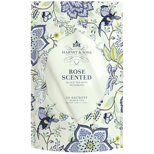 Harney & Sons Rose Scented Tea, 50 Count Bag of Sachets, Black Tea with Rose flavor and soft pink rosebuds.