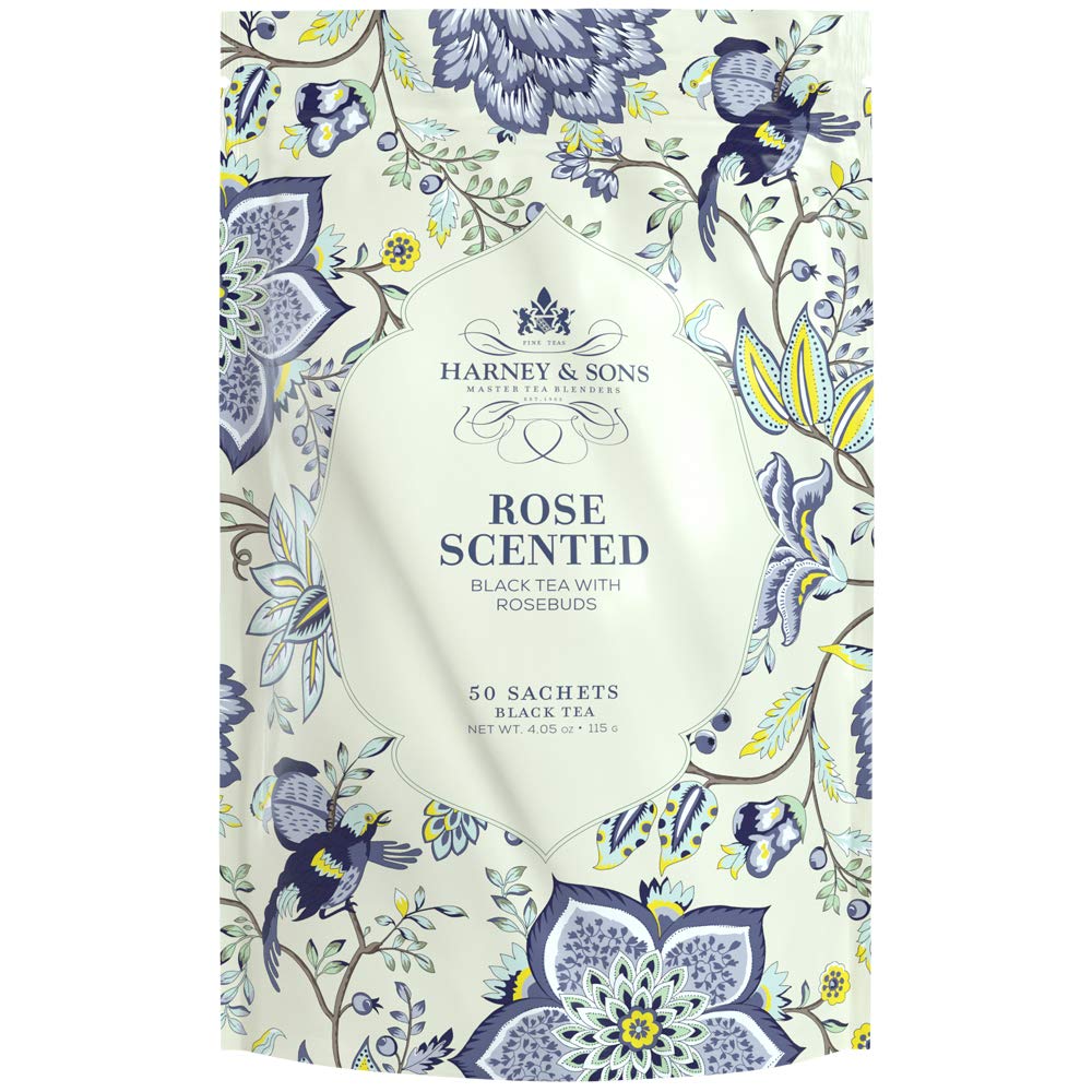 Harney & Sons Rose Scented Tea, 50 Count Bag of Sachets, Black Tea with Rose flavor and soft pink rosebuds.