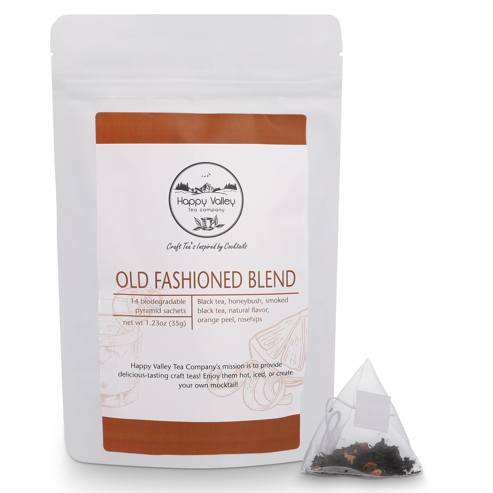 Old Fashioned Craft Tea Blend by Happy Valley Tea - Inspired by Cocktails - Smoky Black - 14 biodegradable Sachets - Enjoy Hot, Iced, or Mocktail