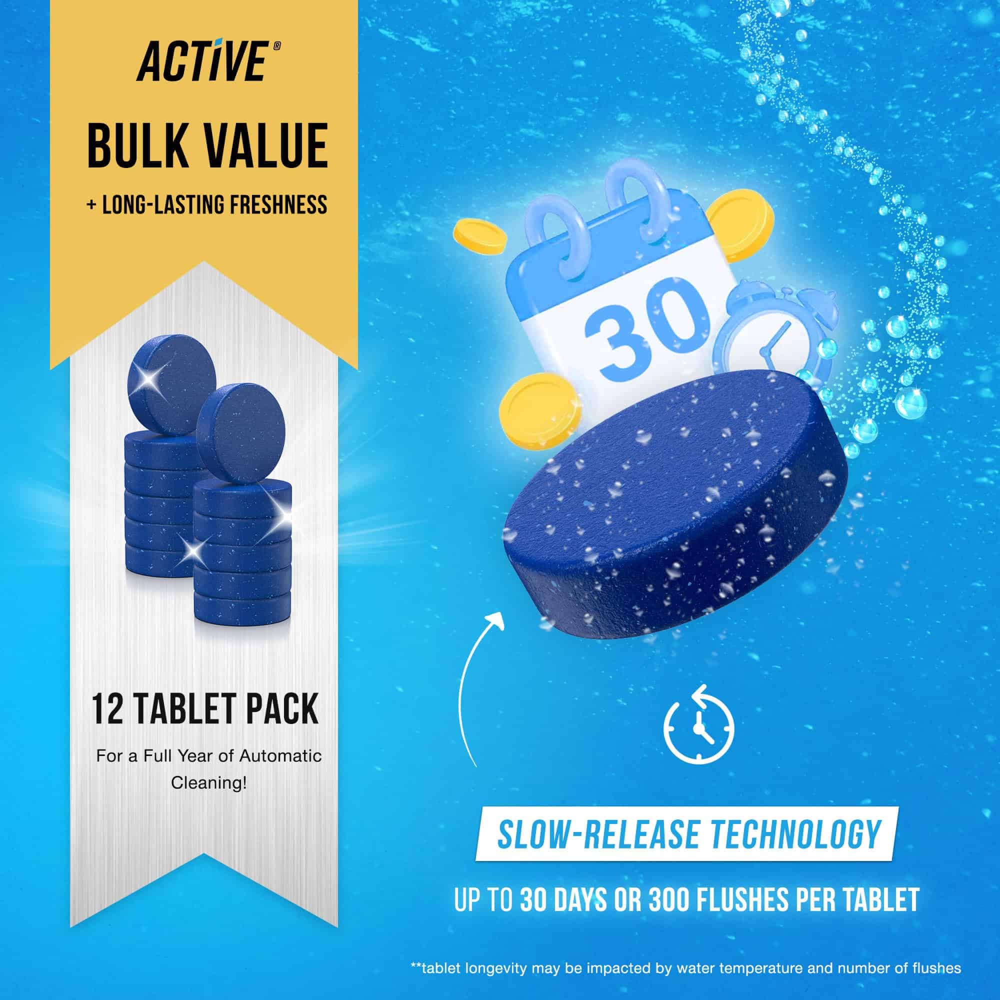 ACTIVE Automatic Toilet Bowl Cleaner Tablets Blue Gel Toilet Tank Cleaners, Septic-Safe Hard Water Ring Stain Remover, Smell Eliminator Heavy Duty