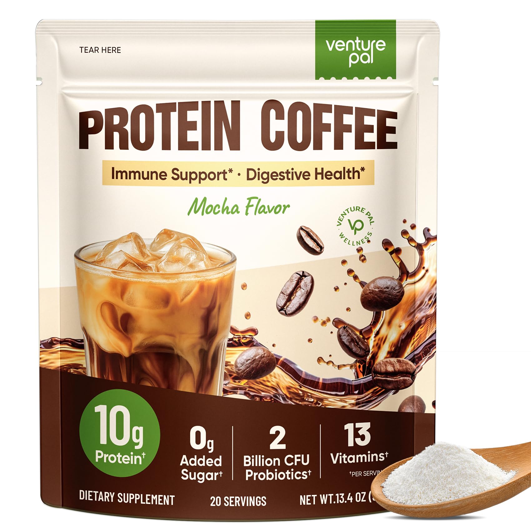 Cold Brew Mocha Iced Coffee, Instant Coffee Beverage with MCT Oil, Probiotics & Fiber, Smooth Mocha Flavor, Gentle Energy with 70mg Caffeine, Keto