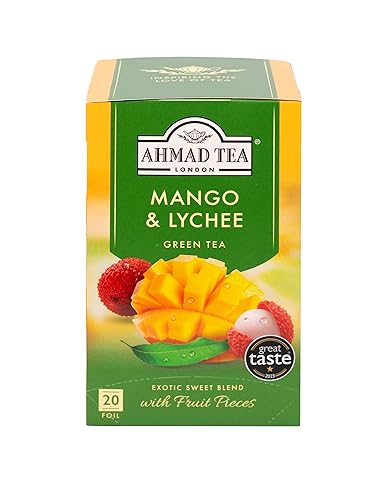 Ahmad Tea Green Tea, Mango & Lychee Teabags, 20 ct (Pack of 1) - Caffeinated & Sugar-Free