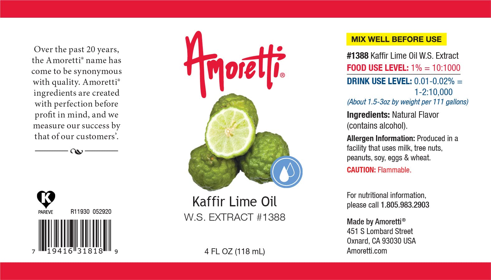 Amoretti - Kaffir Lime Oil Extract Water Soluble 2 oz - Highly Concentrated & Perfect For Pastry, Savory, Brewing, and more, Preservative Free, Vegan