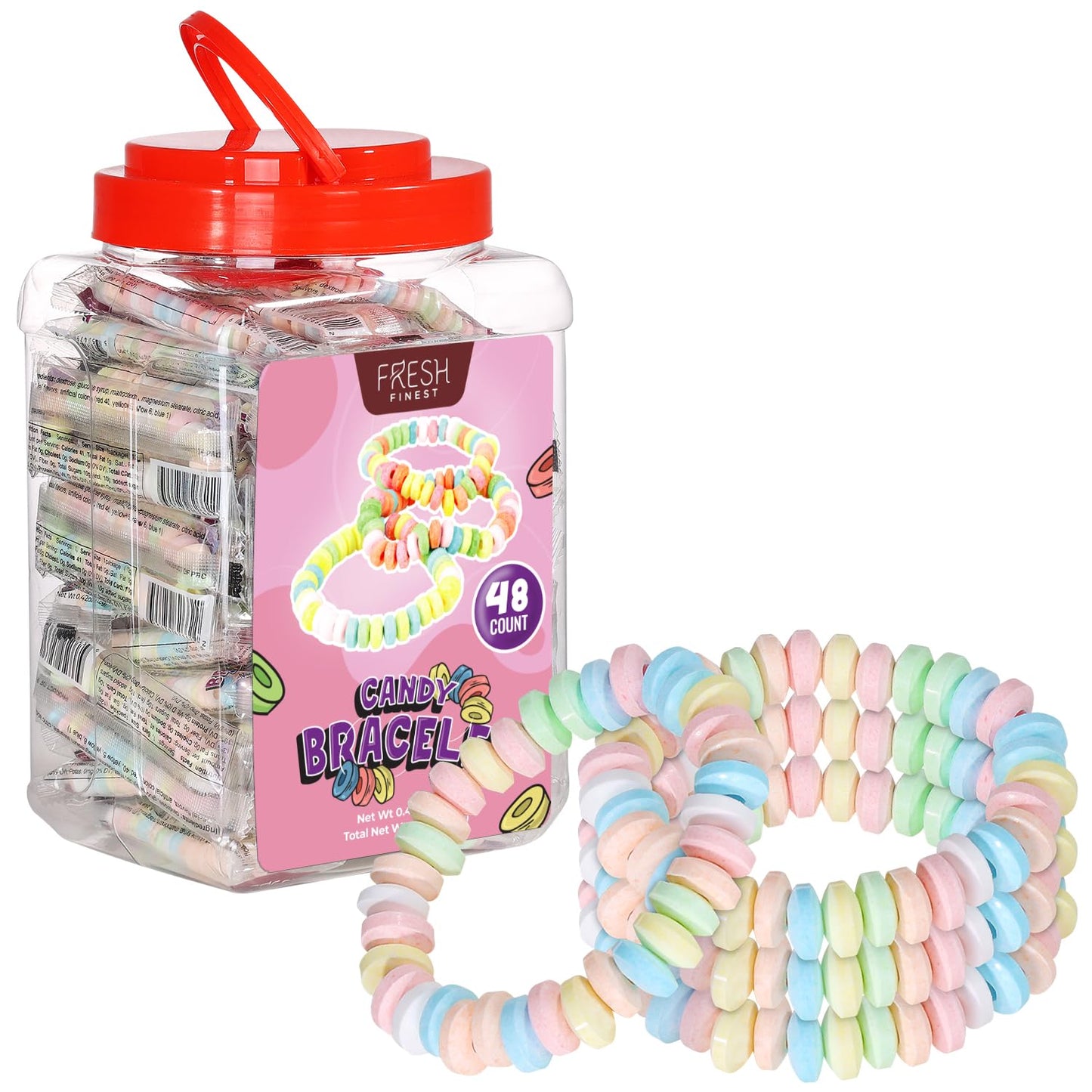 Fresh Finest 48-Count Bulk Candy Bracelets - Individually Wrapped Novelty Candy Bracelets. Perfect for Party Favors, Goody Bags, Candy Buffets