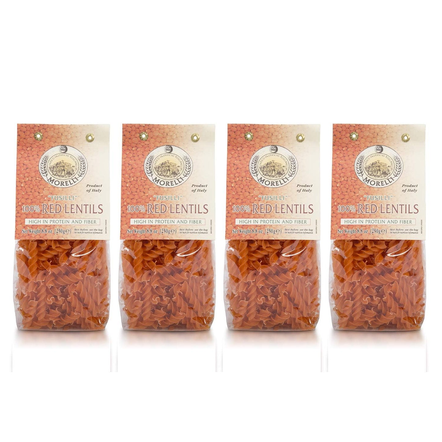 Morelli Pasta Fusilli Red Lentil Pasta - Gluten Free High Protein & Fiber - Imported from Italy 8.8oz / 250g (4 pack)