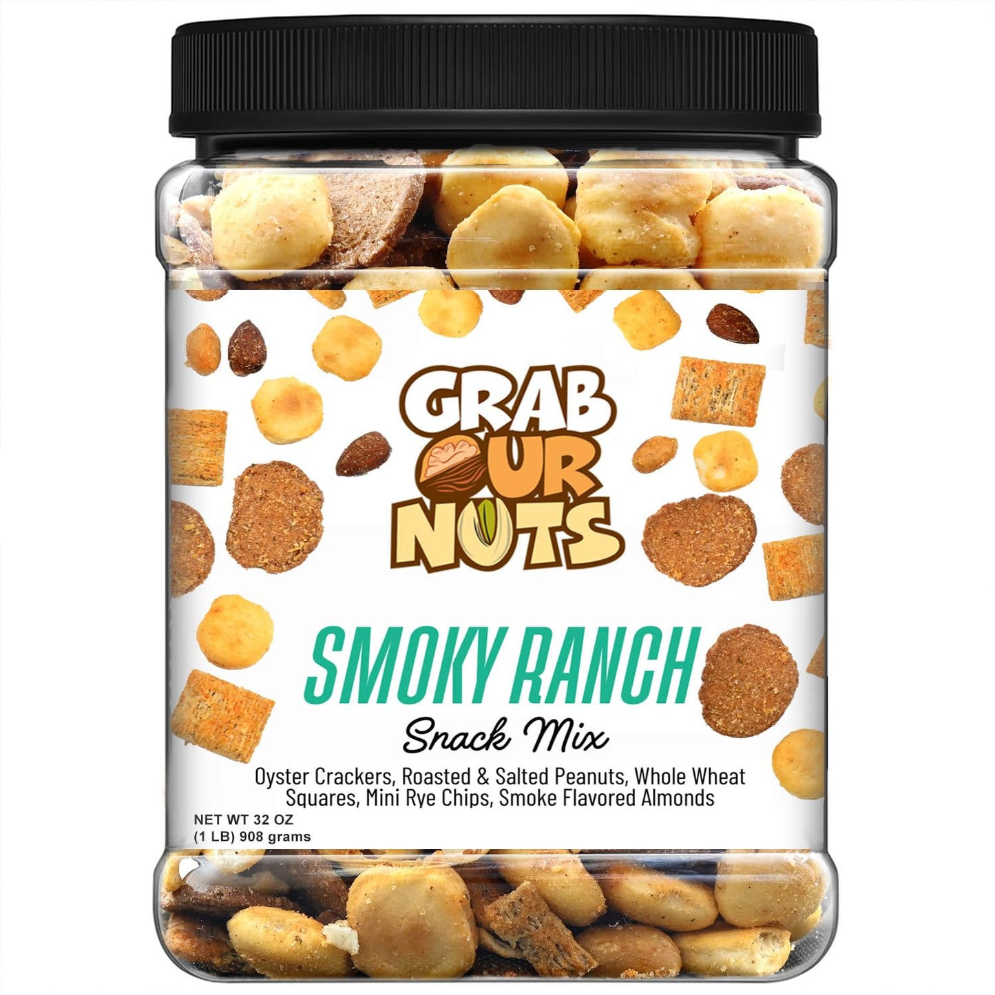 Grab Our Nuts Smoky Ranch Snack Mix 32 Oz Jar - Oyster Crackers, Roasted Peanuts, Whole Wheat Squares, Mini Rye Worcestershire Bagel Chips, Smoke