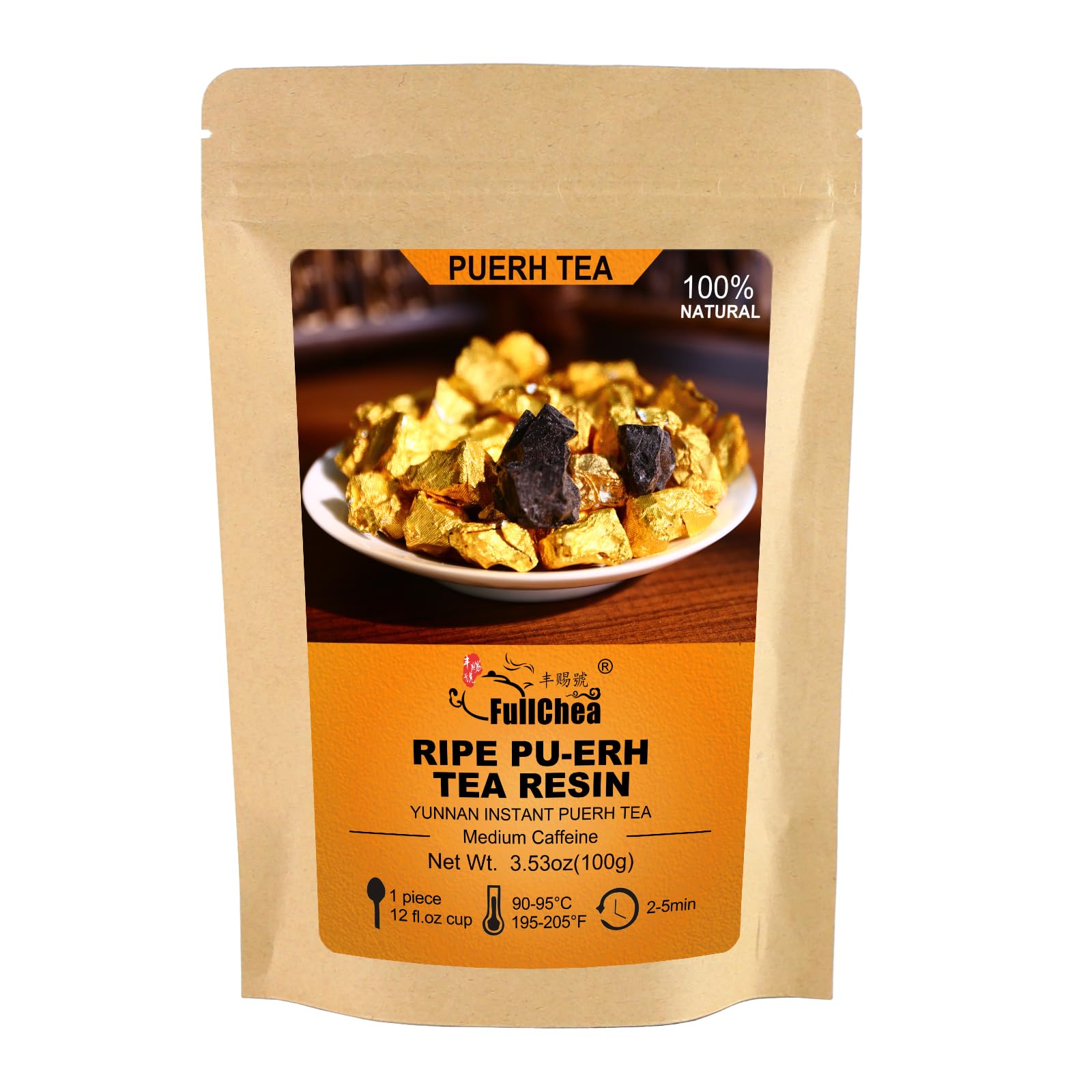FullChea - Pu-erh Tea Resin - Instant Tea Resins - Chagao 2009 Aged Fermented Yunnan Ripe Pu Erh, Medium Caffeine - Helps Digestion - 3.53oz / 100g