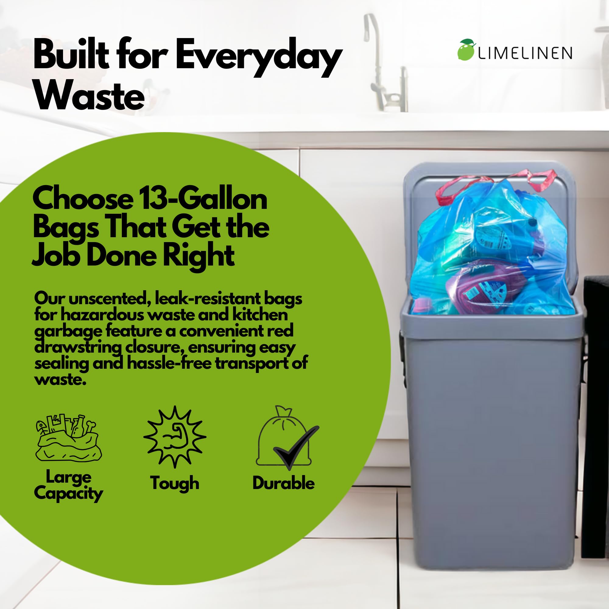 LIMELINEN Blue Recycling trash bags 13 gallon - 400ct Leak and Odor-Resistant, Heavy-Duty Plastic Garbage Bags for Home and Commercial Use
