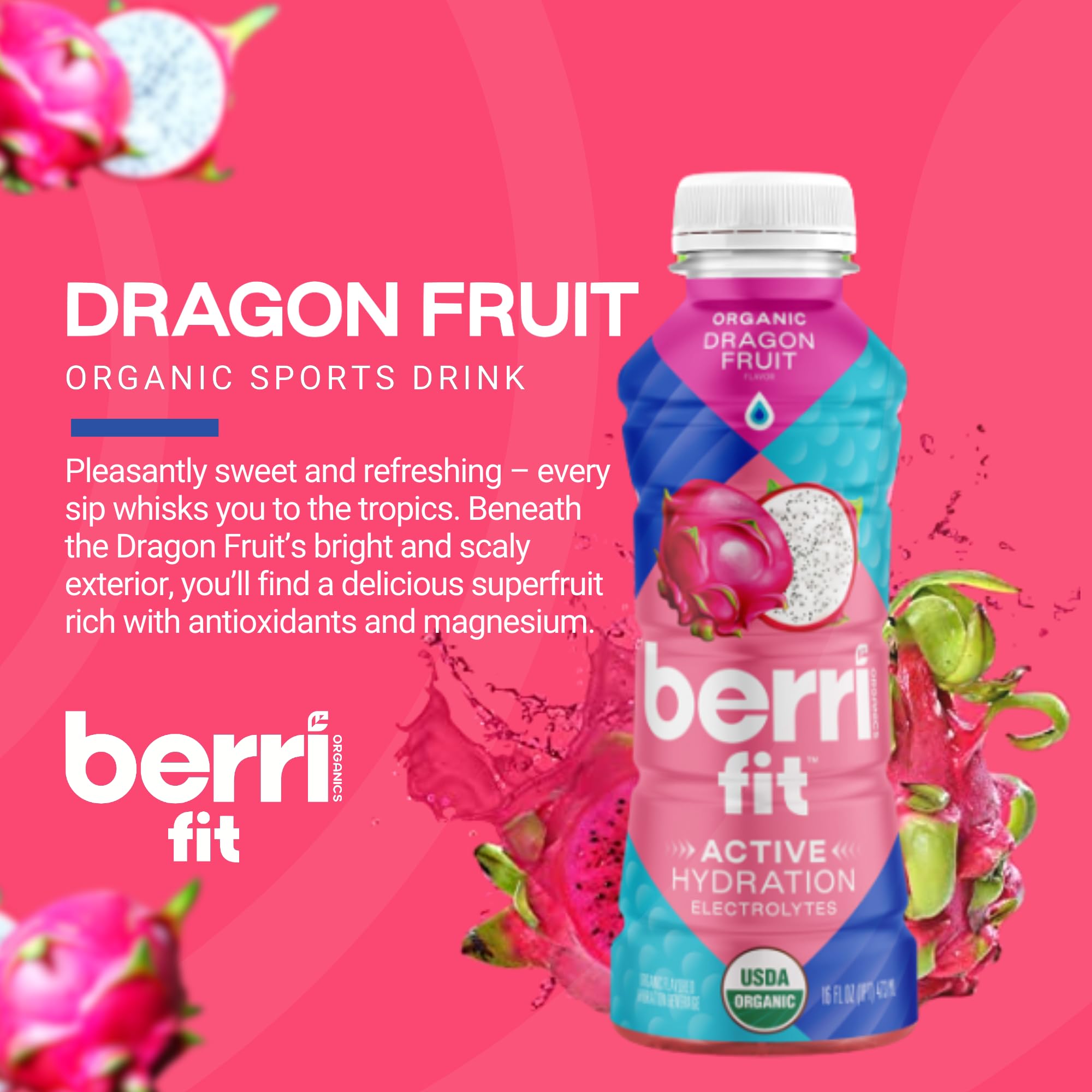 Berri Fit Hydration - Organic Dragon Fruit Flavor Natural Sports Drink - Plant-Based Electrolyte Beverage - Low Calorie, Paleo Coconut Water Solution
